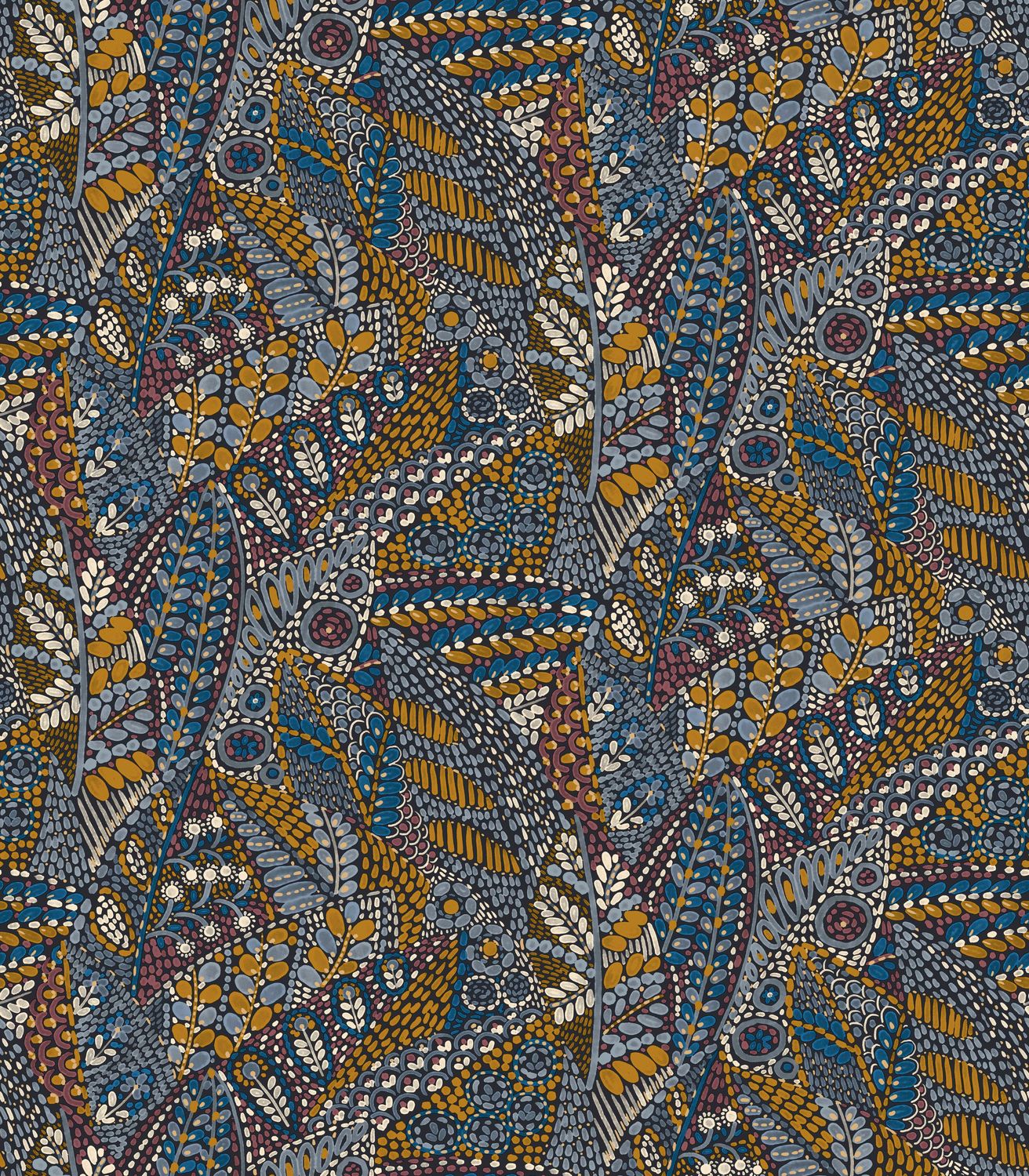 Talavera Leaf Pattern Wallpaper - Marine Ocle Blue with Orange