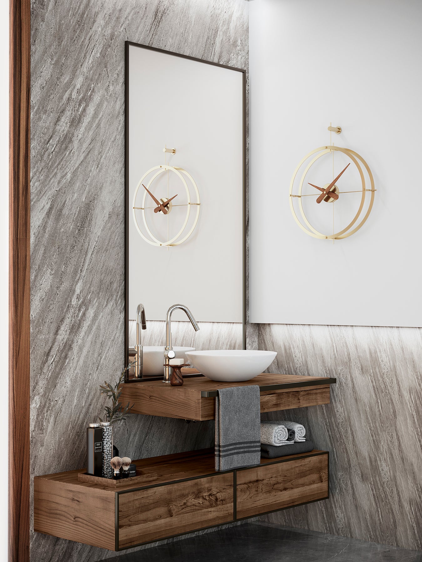 Wall Clock DOS PUNTOS PREMIUM walnut wood with brass finish