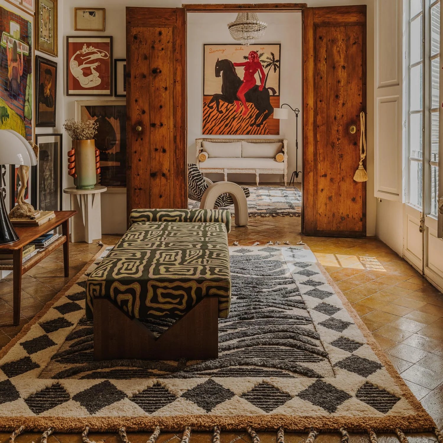 Wool rug WILDCAT black-beige with fringes