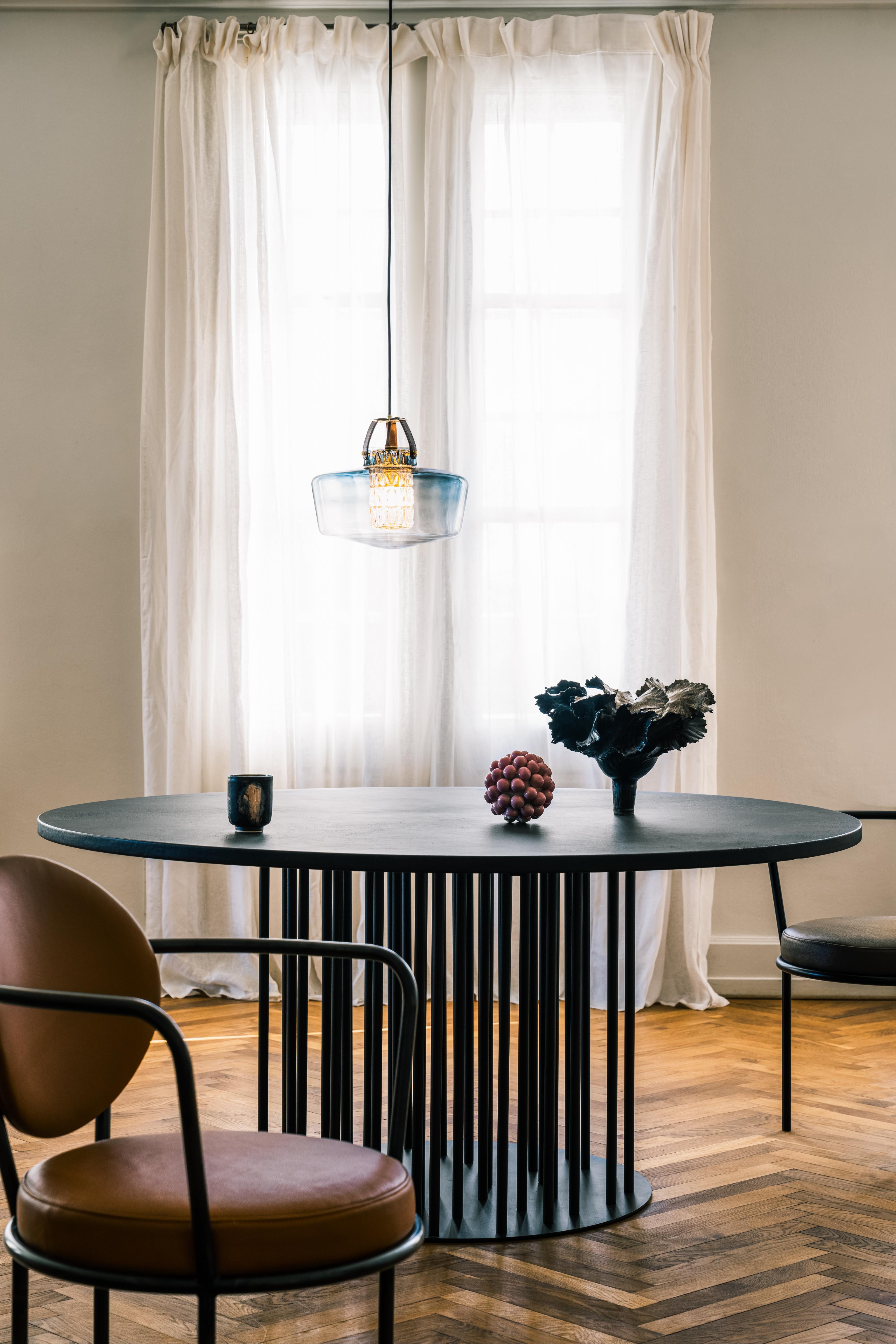 ADDICTED TO US pendant lamp smoky glass with cognac leather