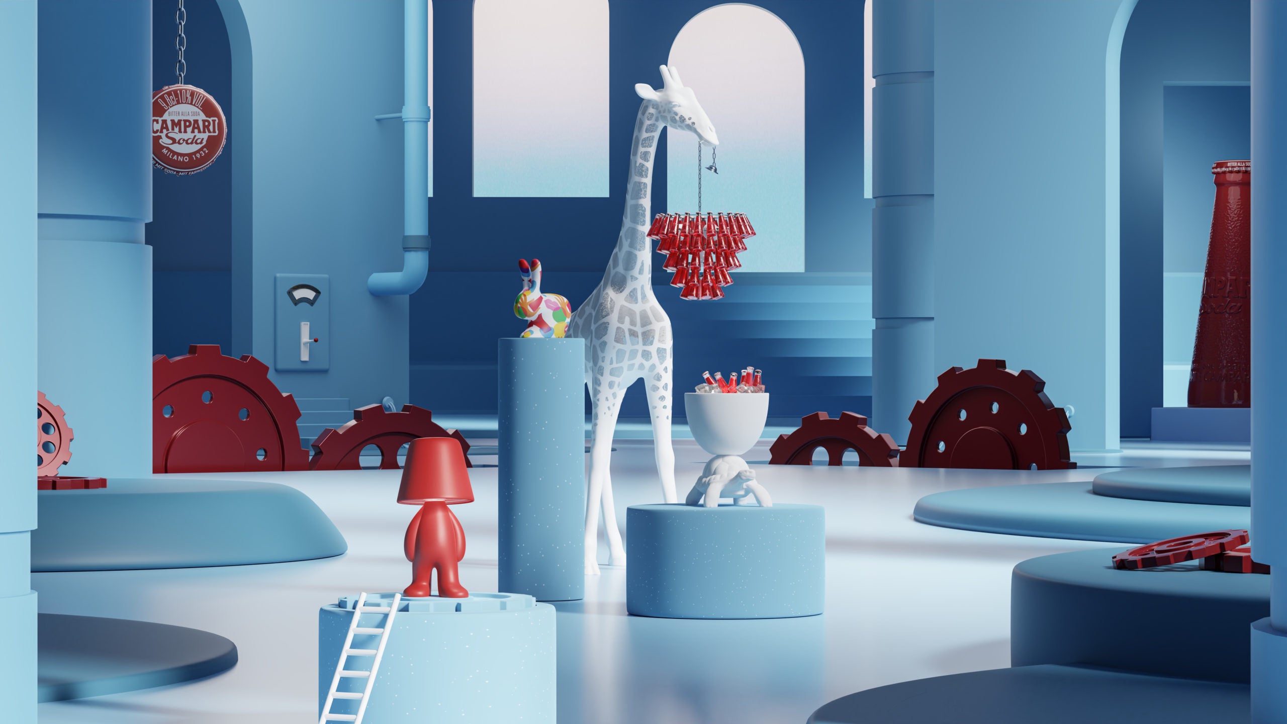 Lampe GIRAFFE IN LOVE M weiß mit rotem Schirm
