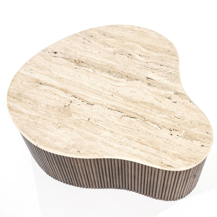 MARI coffee table made of mango wood with a travertine top