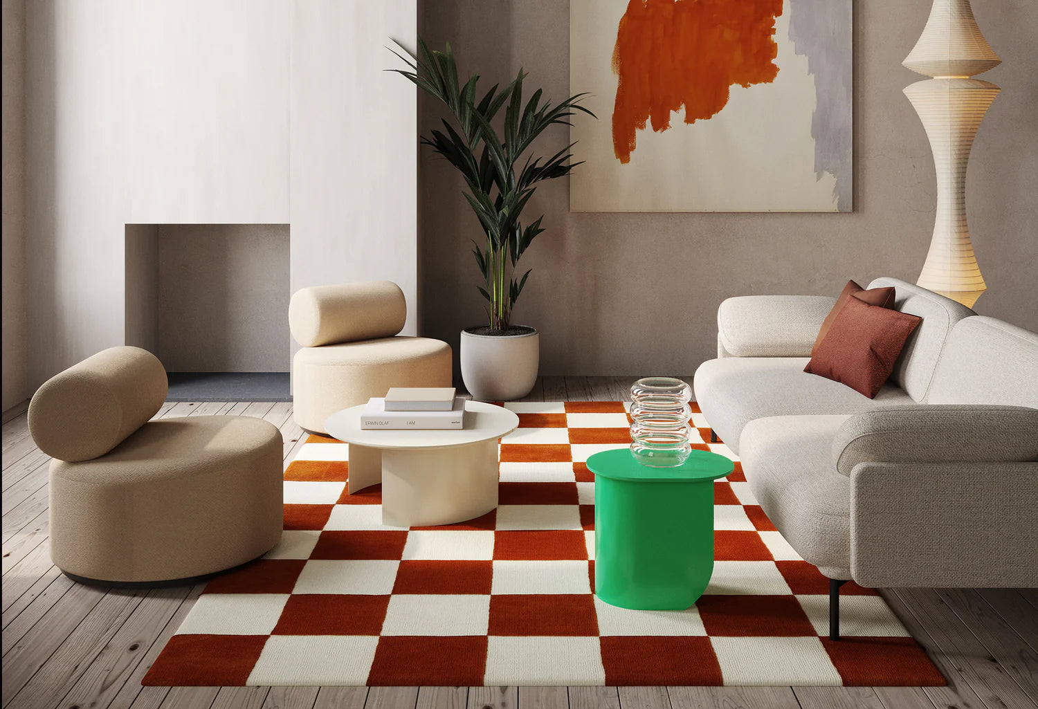 Orange CHECKS rug with beige
