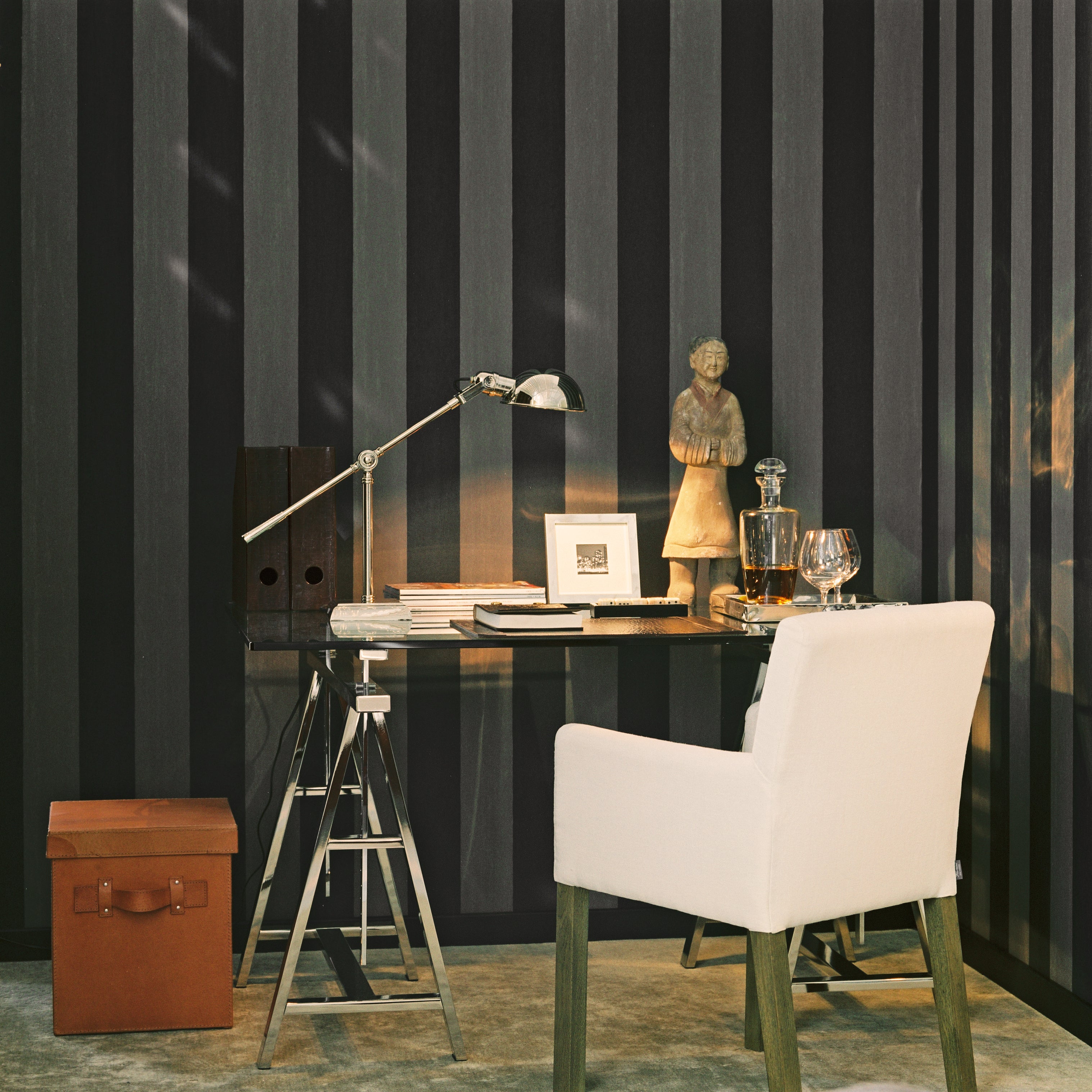 Textured wallpaper resembling canvas with a striped pattern in gray and navy