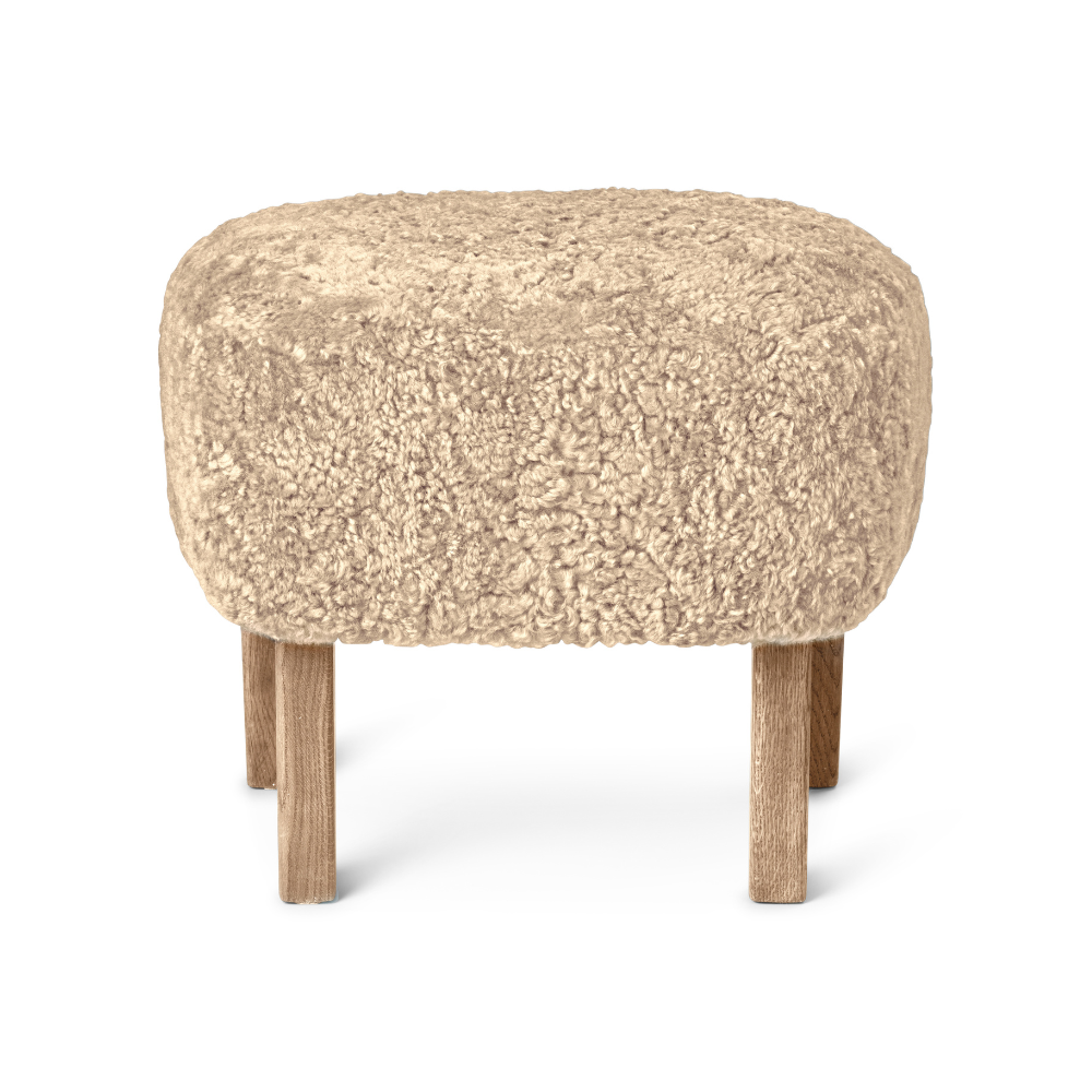 Fußhocker INGEBORG beige Schafsleder mit Eichenbasis [Julia]