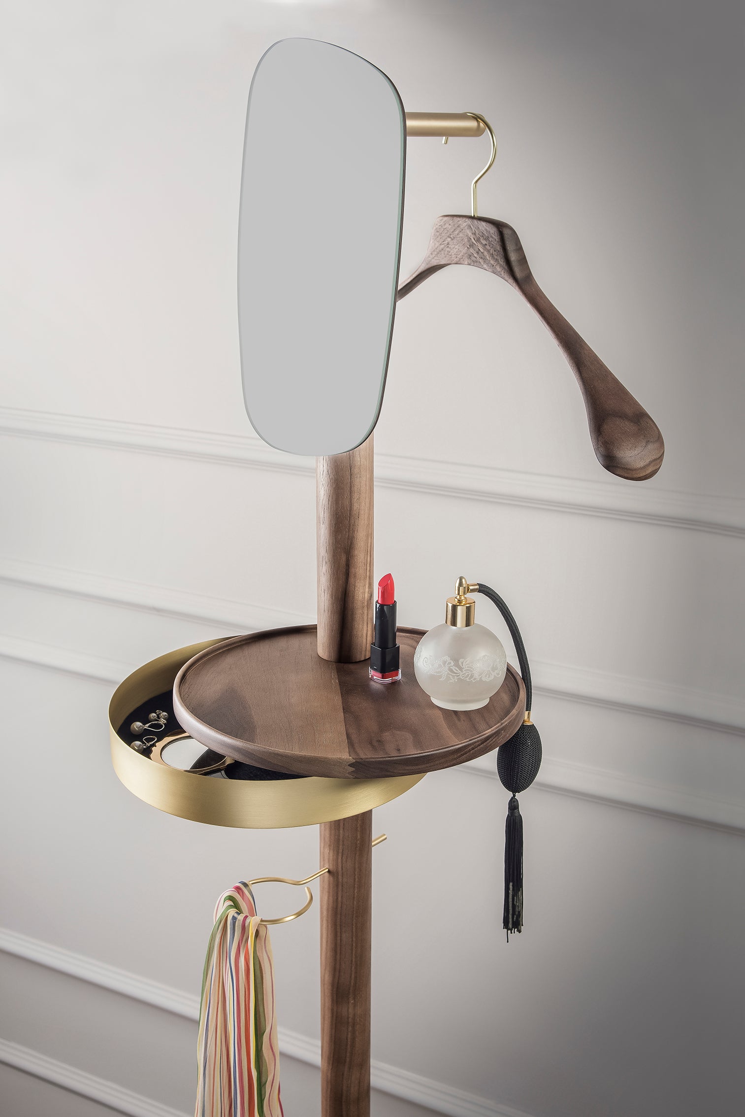 Coat rack with mirror GALAN W walnut wood with brown marble and brass finish
