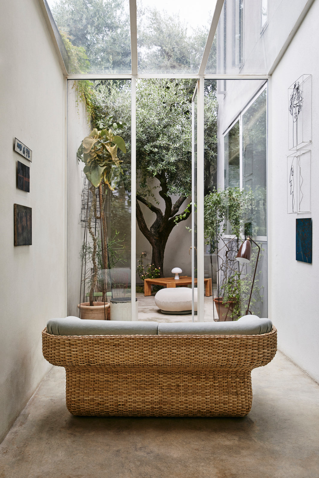 BASKET armchair in blue with rattan