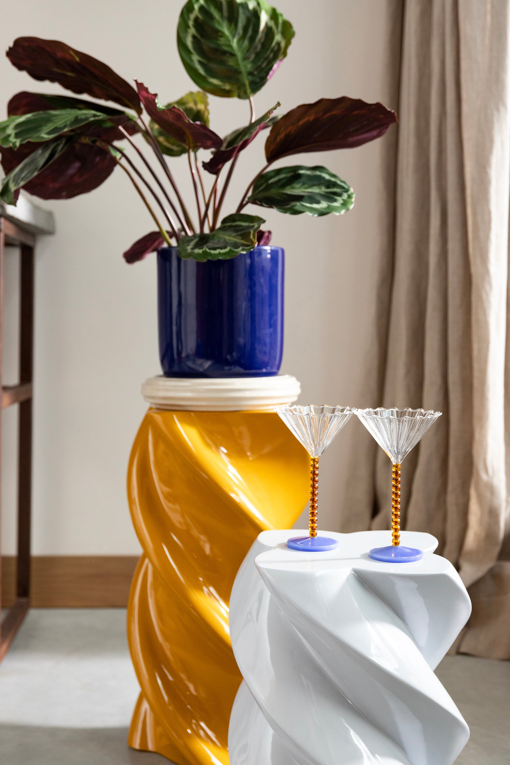 Amber PERLE Glass Goblet Set with Blue