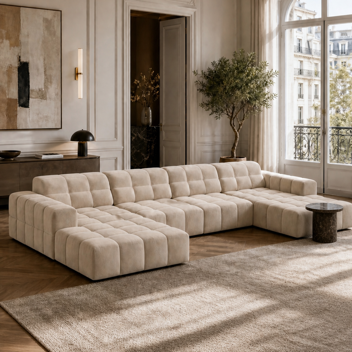 Velvet U-shaped Corner Sofa JENNIFER in Dark Beige