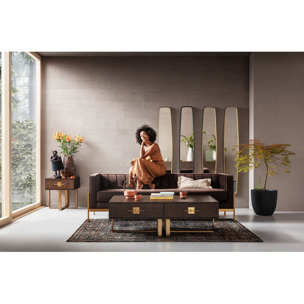 3-person chocolate brown loft sofa with a golden base