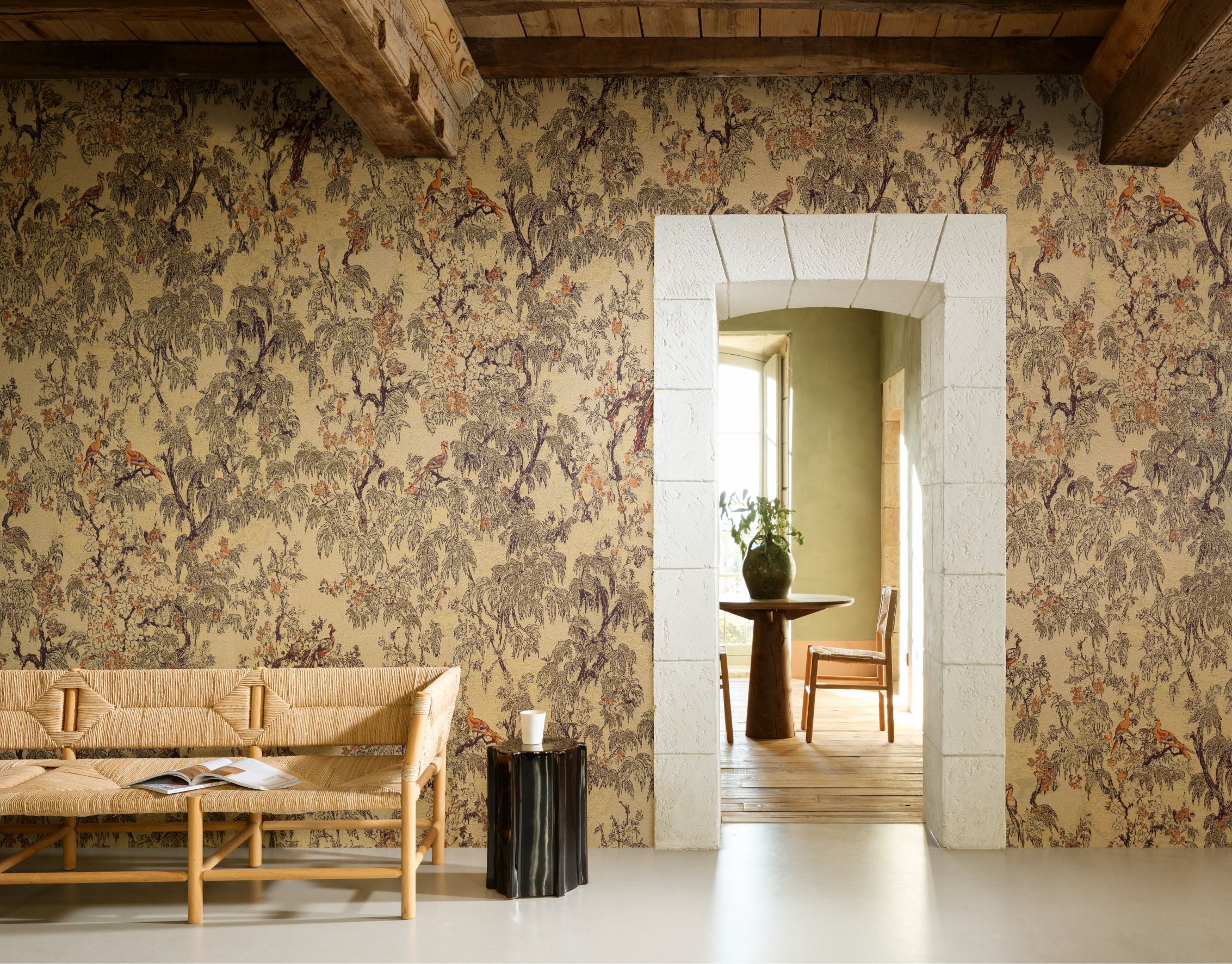Textile wallpaper with a plant motif RAMAGE blue with beige