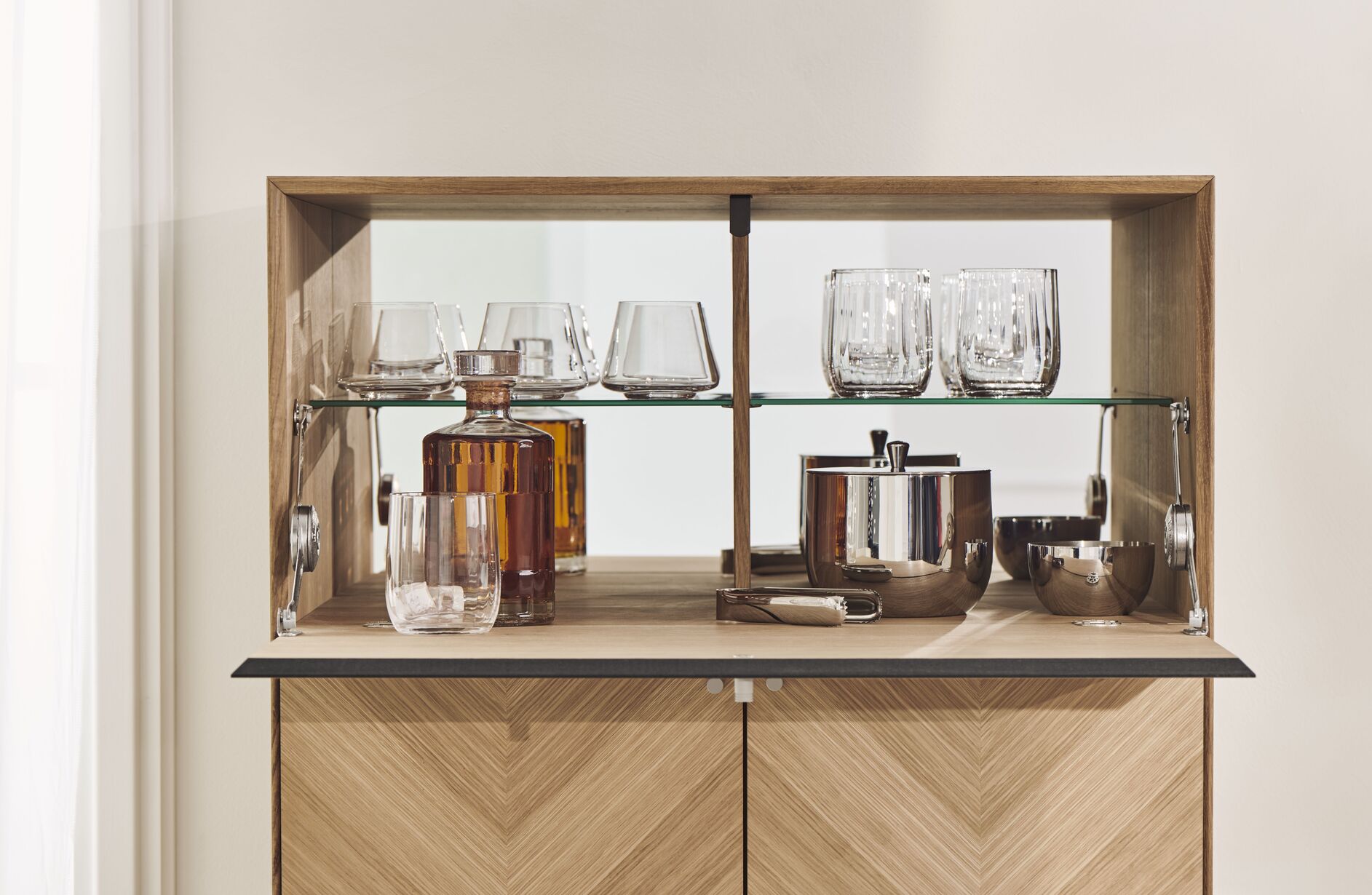 Bar cabinet luxe oak wood with a gray base