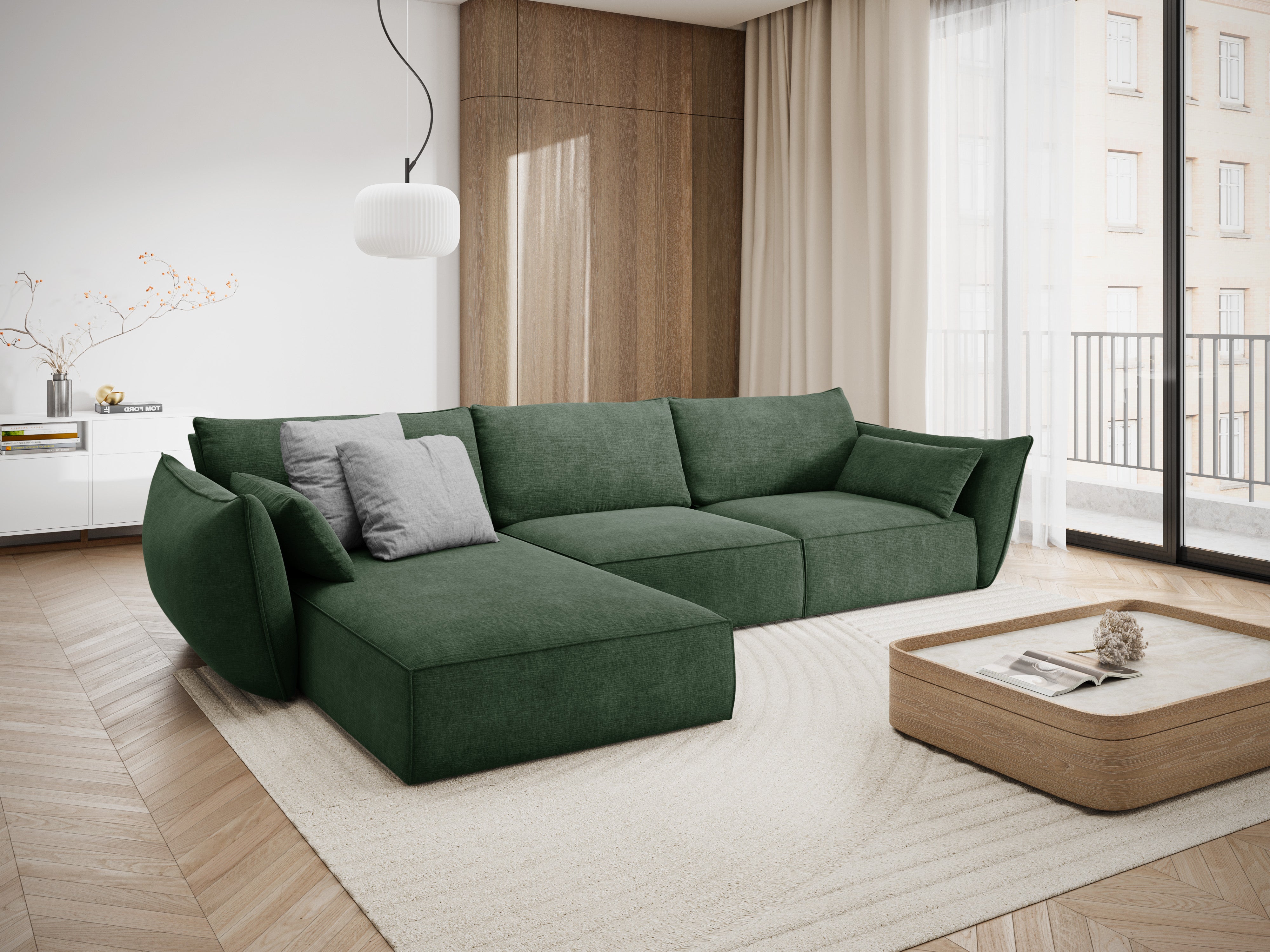 A corner in the SZENIL Fabric left-hand 4-person Vanda bottle green