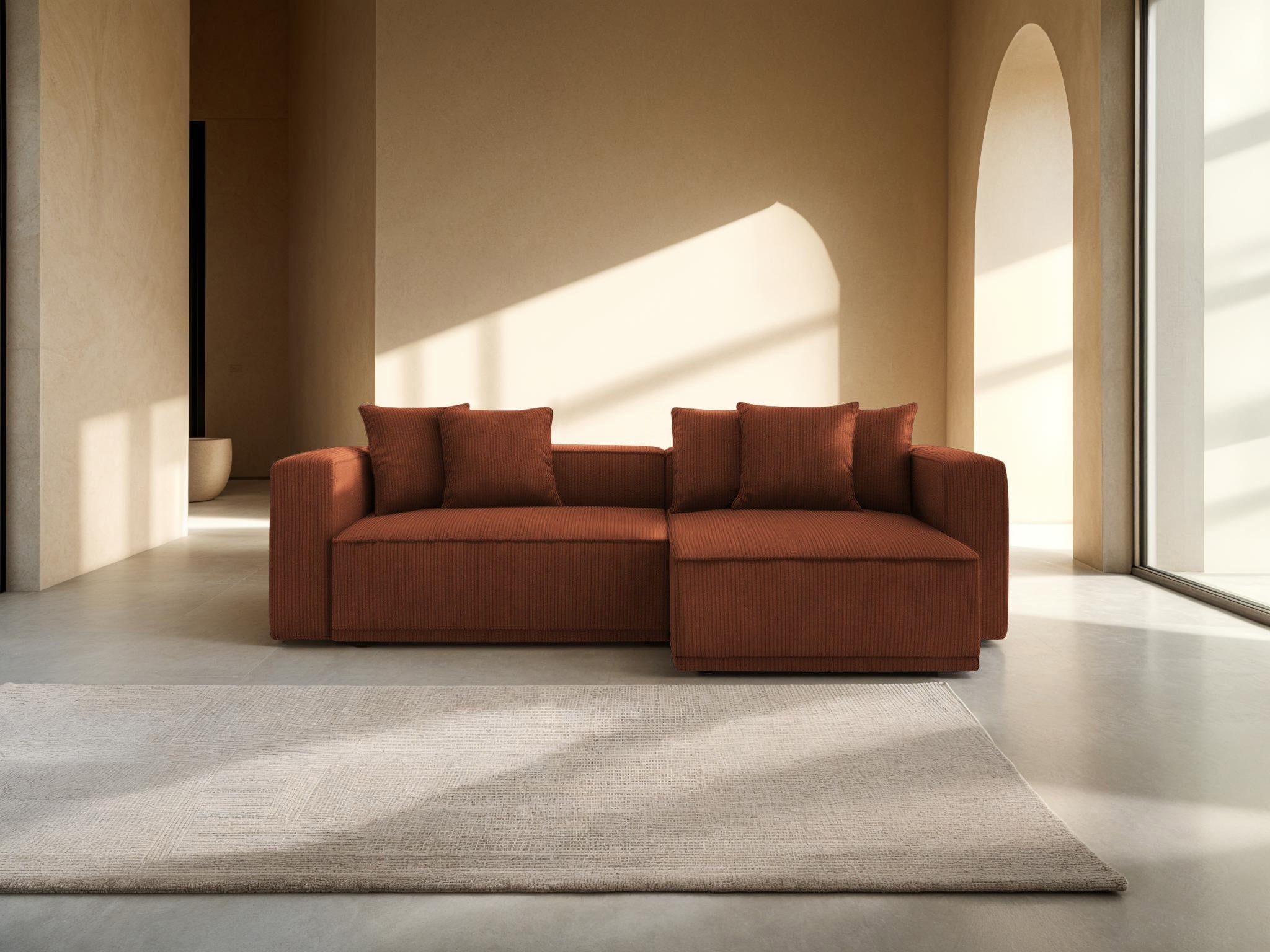 Right-sided corner sofa bed RIBES brick corduroy