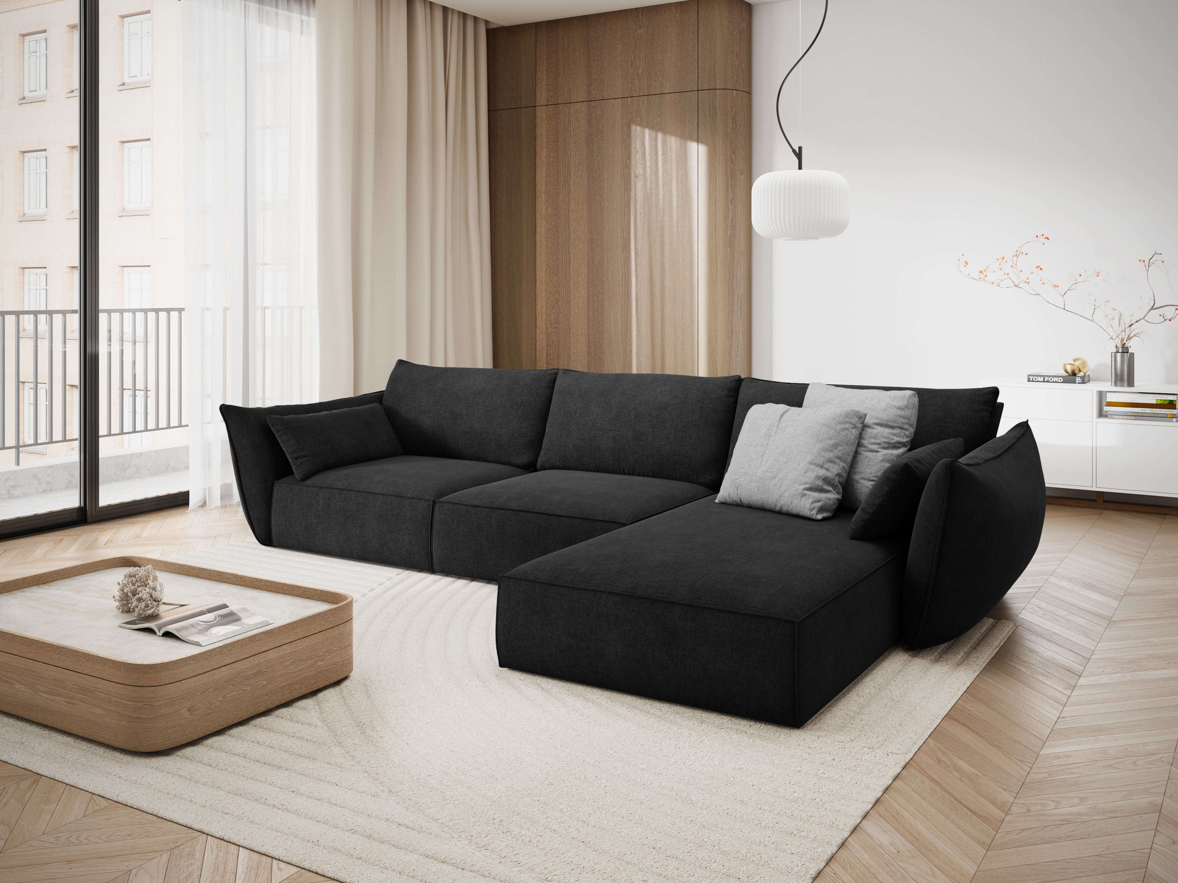 A corner in the szenil fabric right-sided 4-seater Vanda Black