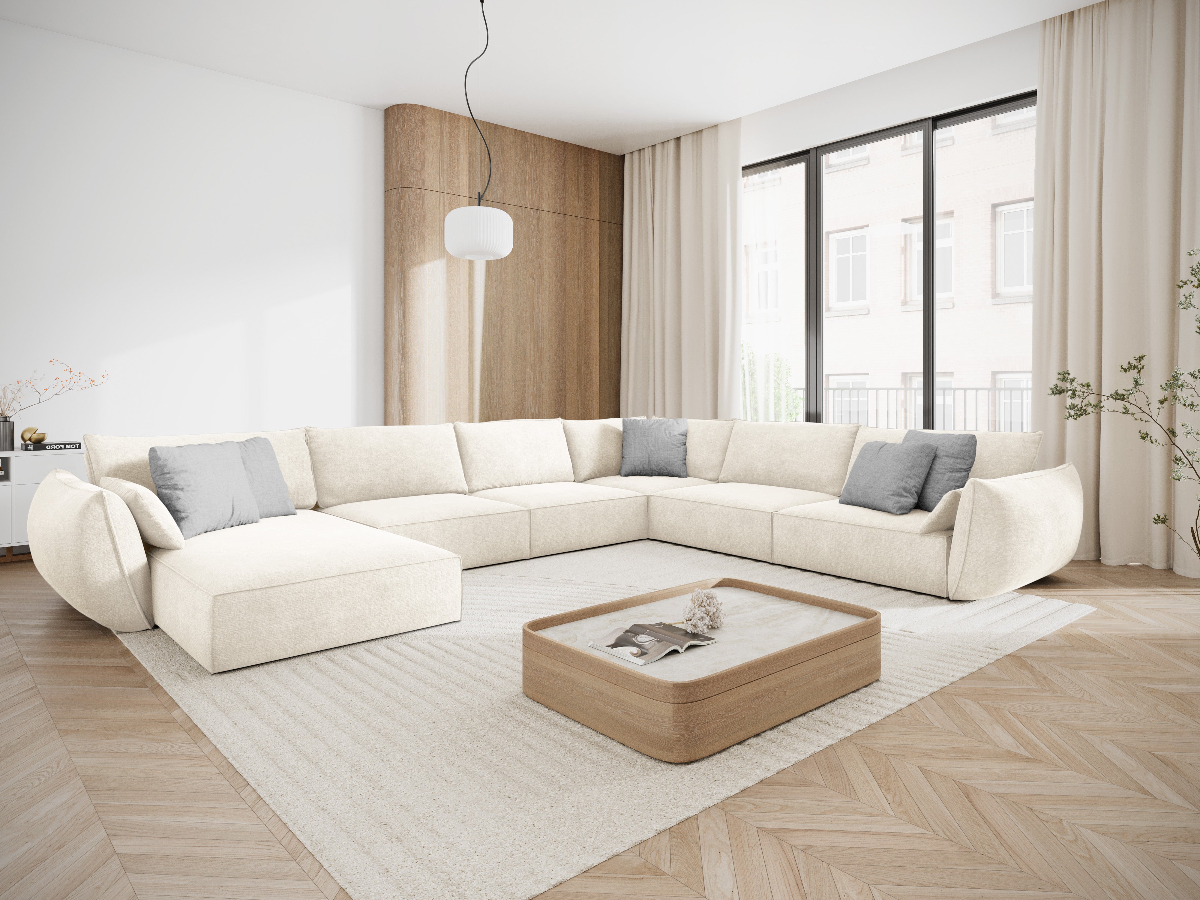 A panoramic corner in the SKINIL Fabric Right -handed light beige Vanda