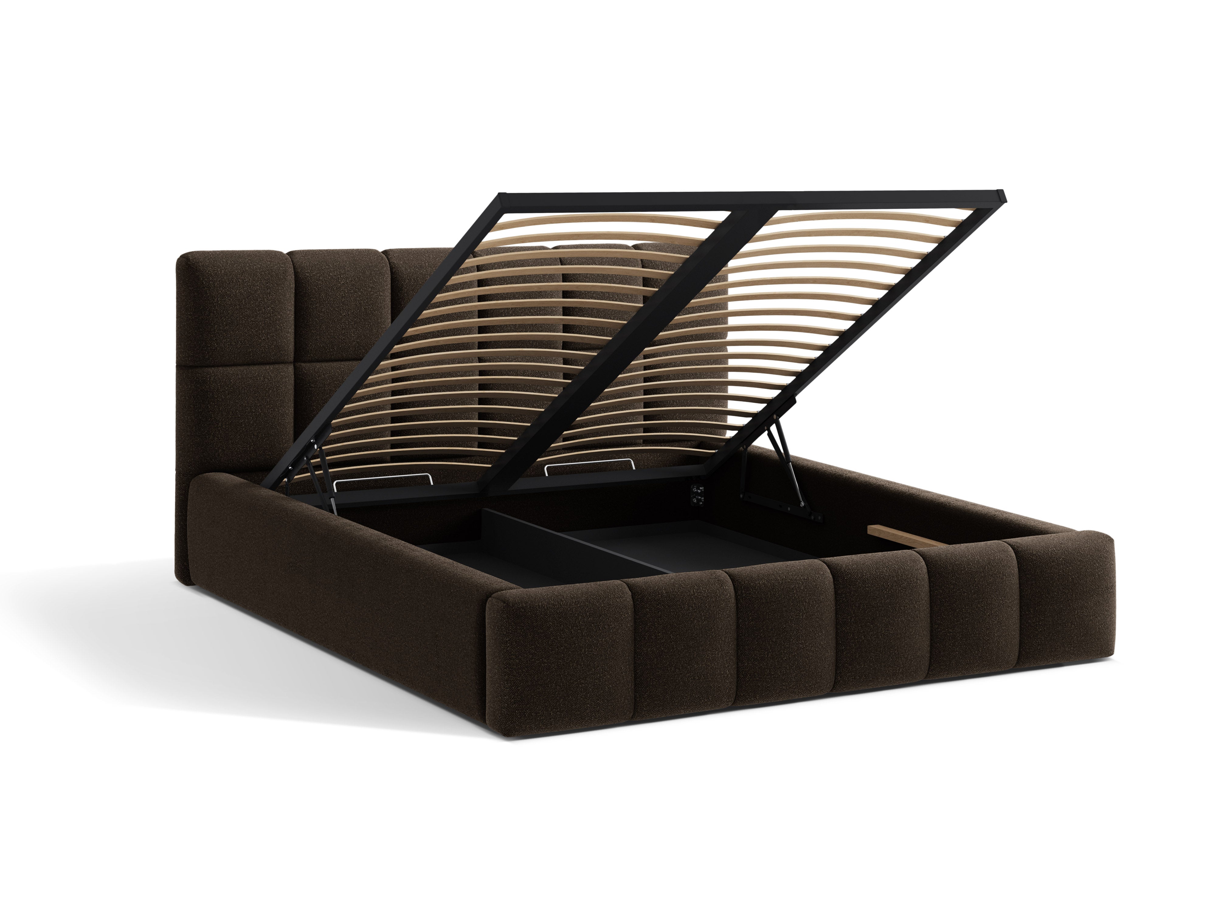 BELLIS Bed with Storage for Bedding in Brown Boucle