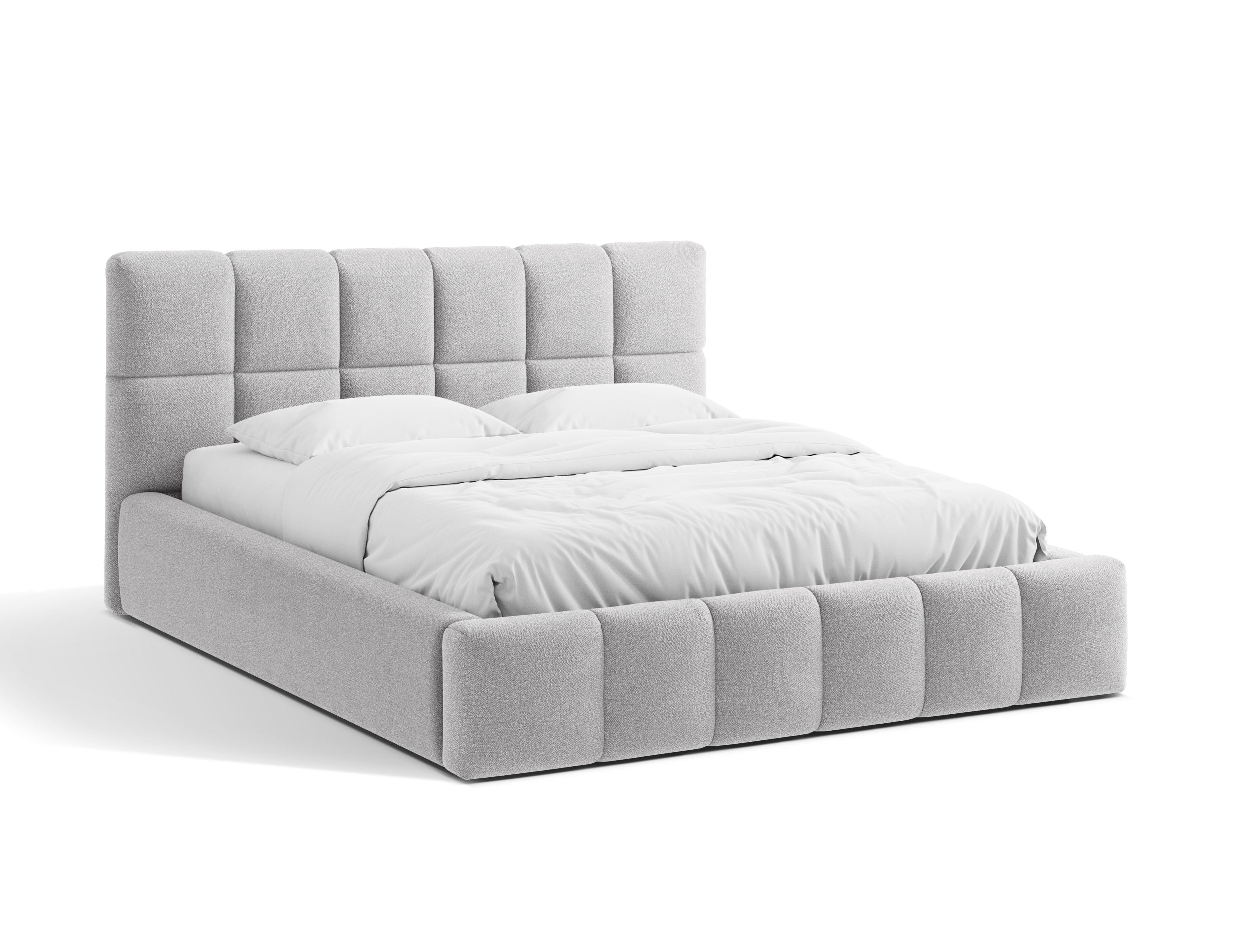 BELLIS bed with storage for bedding in light gray boucle.
