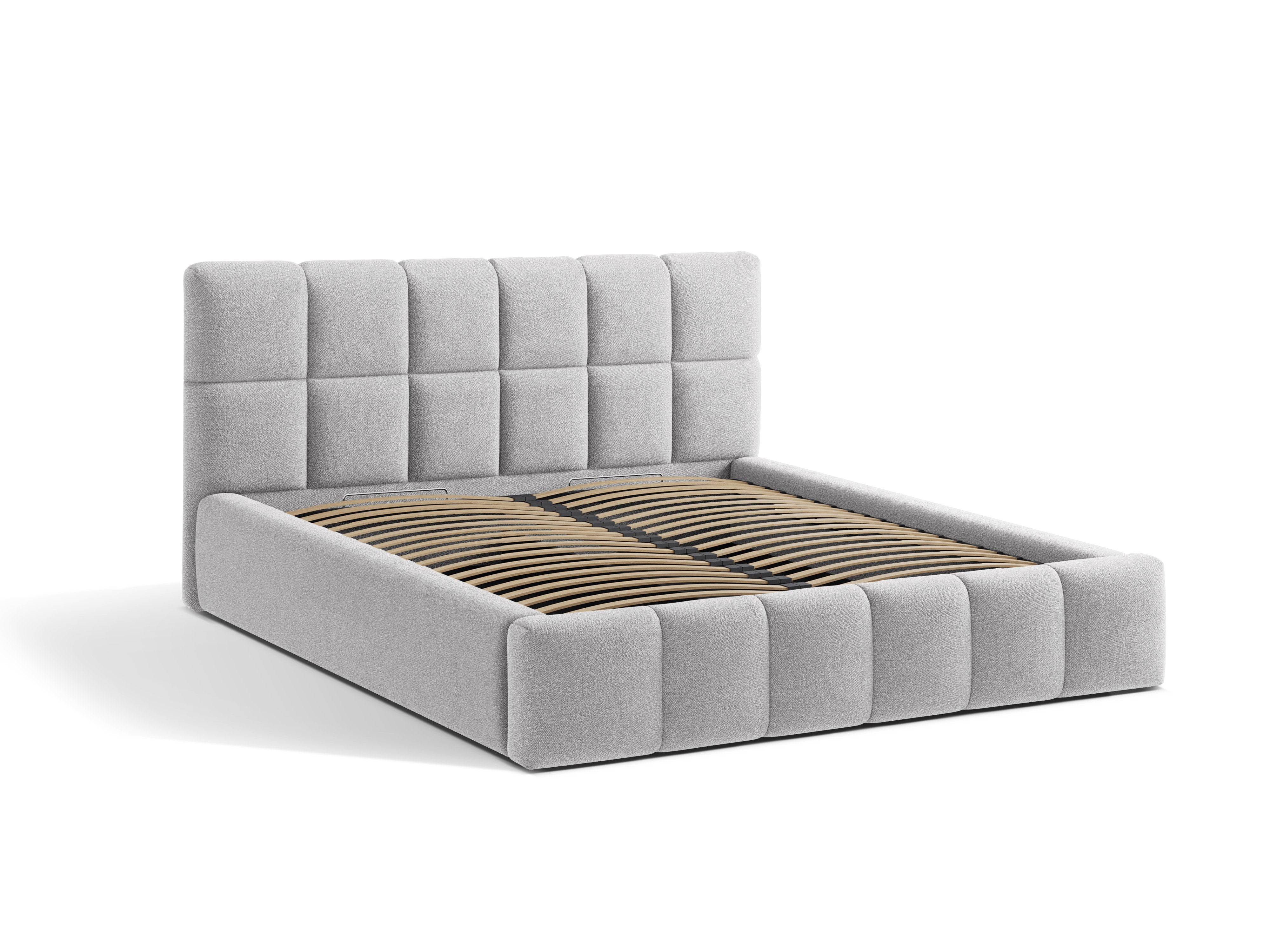 BELLIS bed with storage for bedding in light gray boucle.