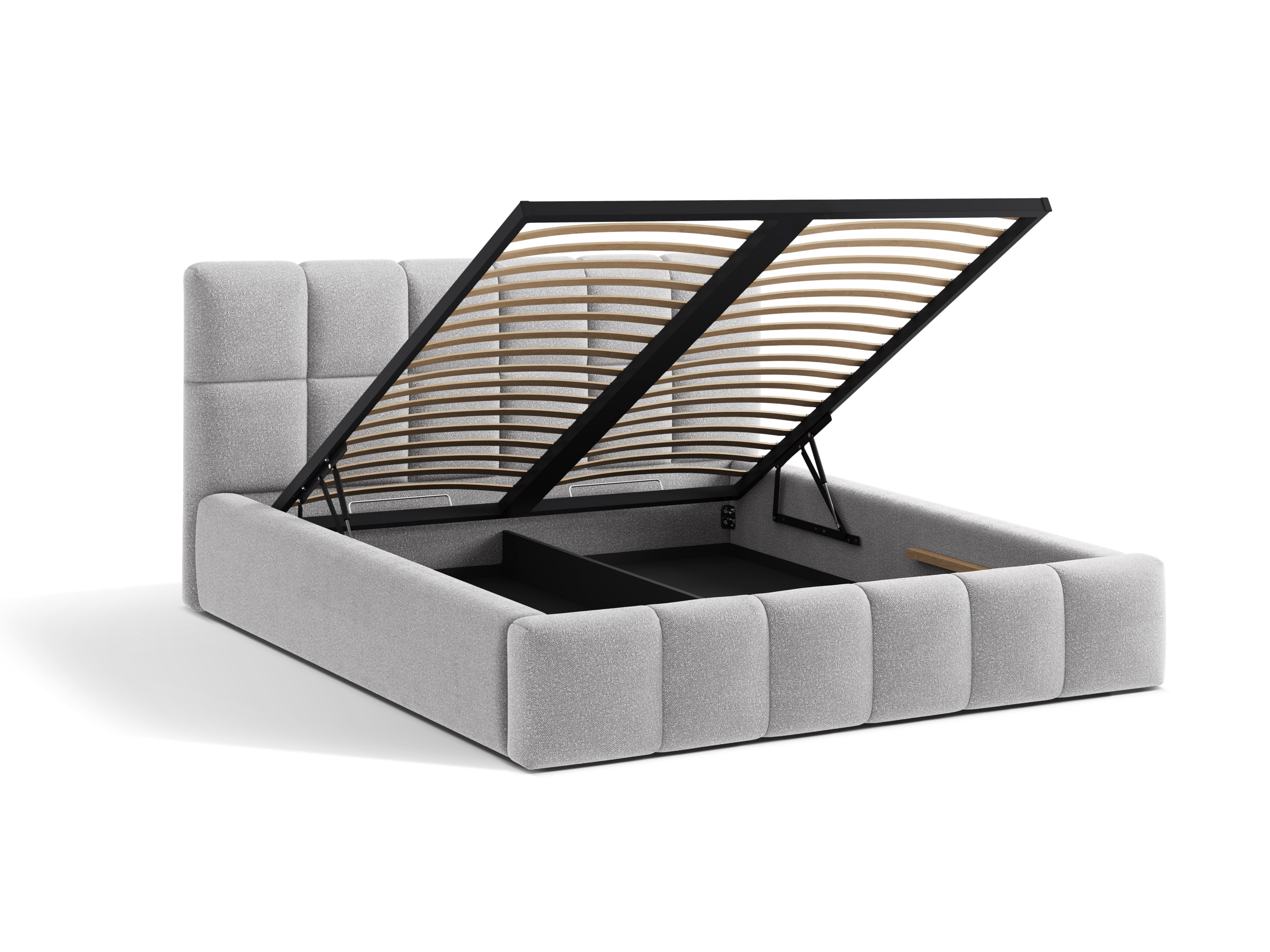 BELLIS bed with storage for bedding in light gray boucle.