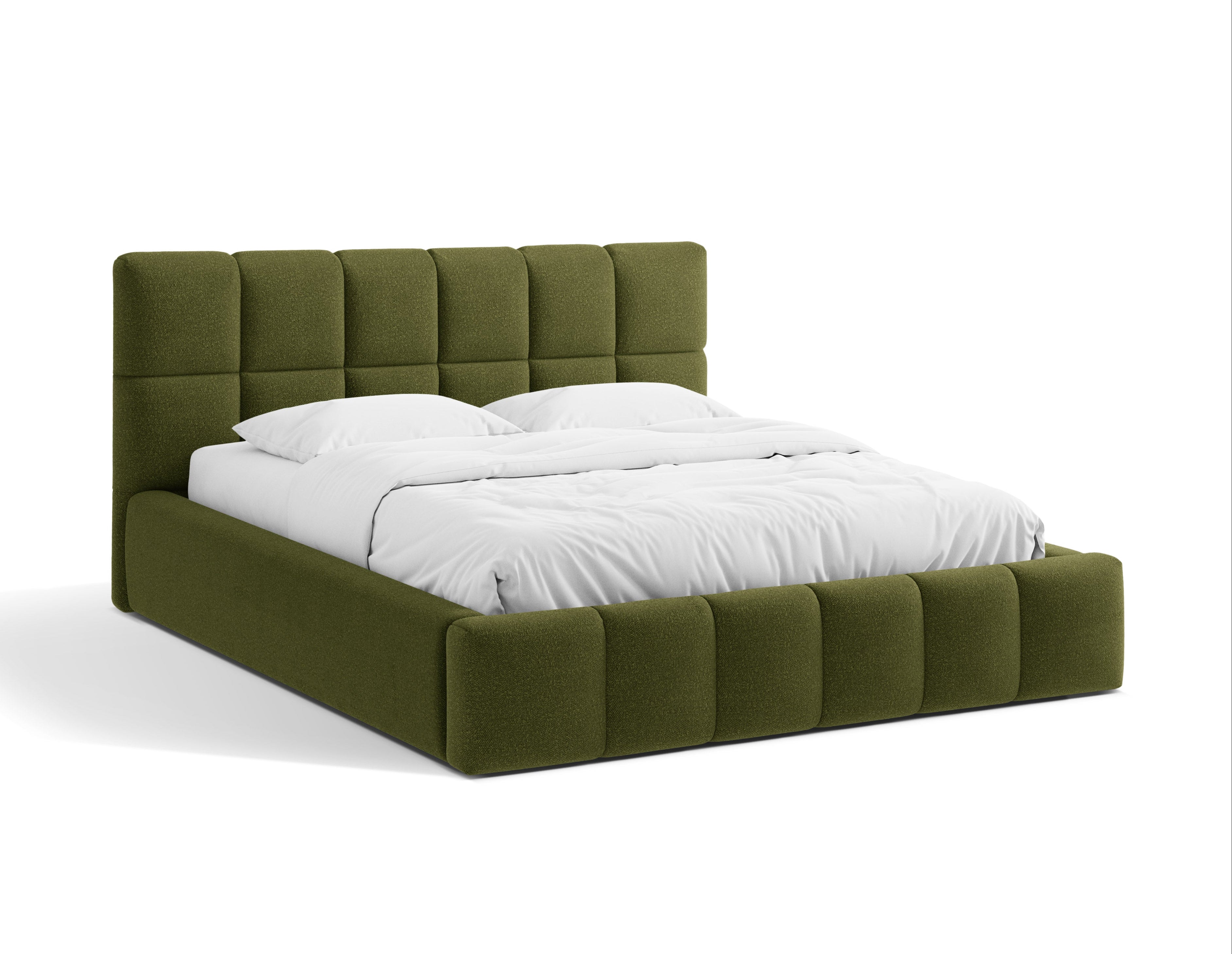 BELLIS Bed with Storage for Bedding in Green Boucle