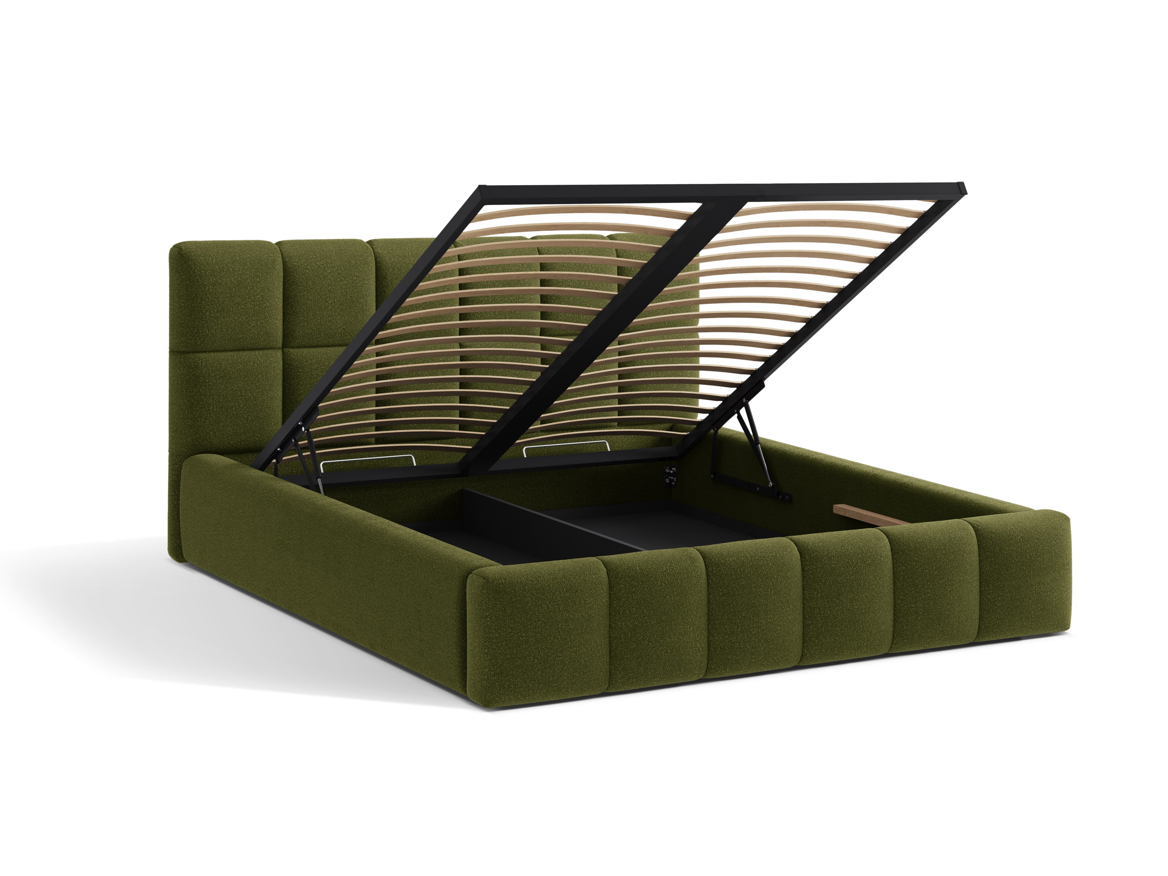 BELLIS Bed with Storage for Bedding in Green Boucle