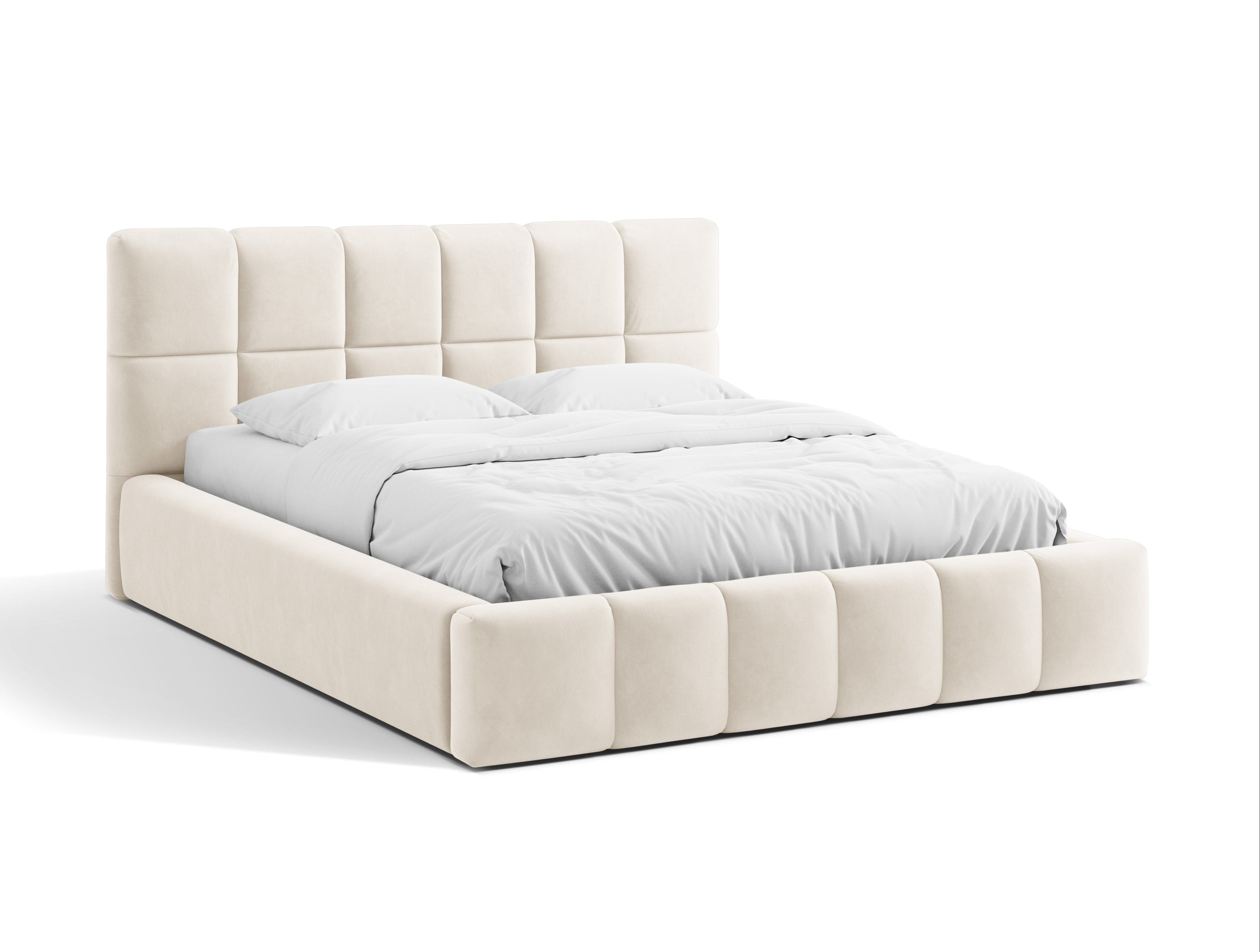 Velvet bed with storage for bedding BELLIS in light beige