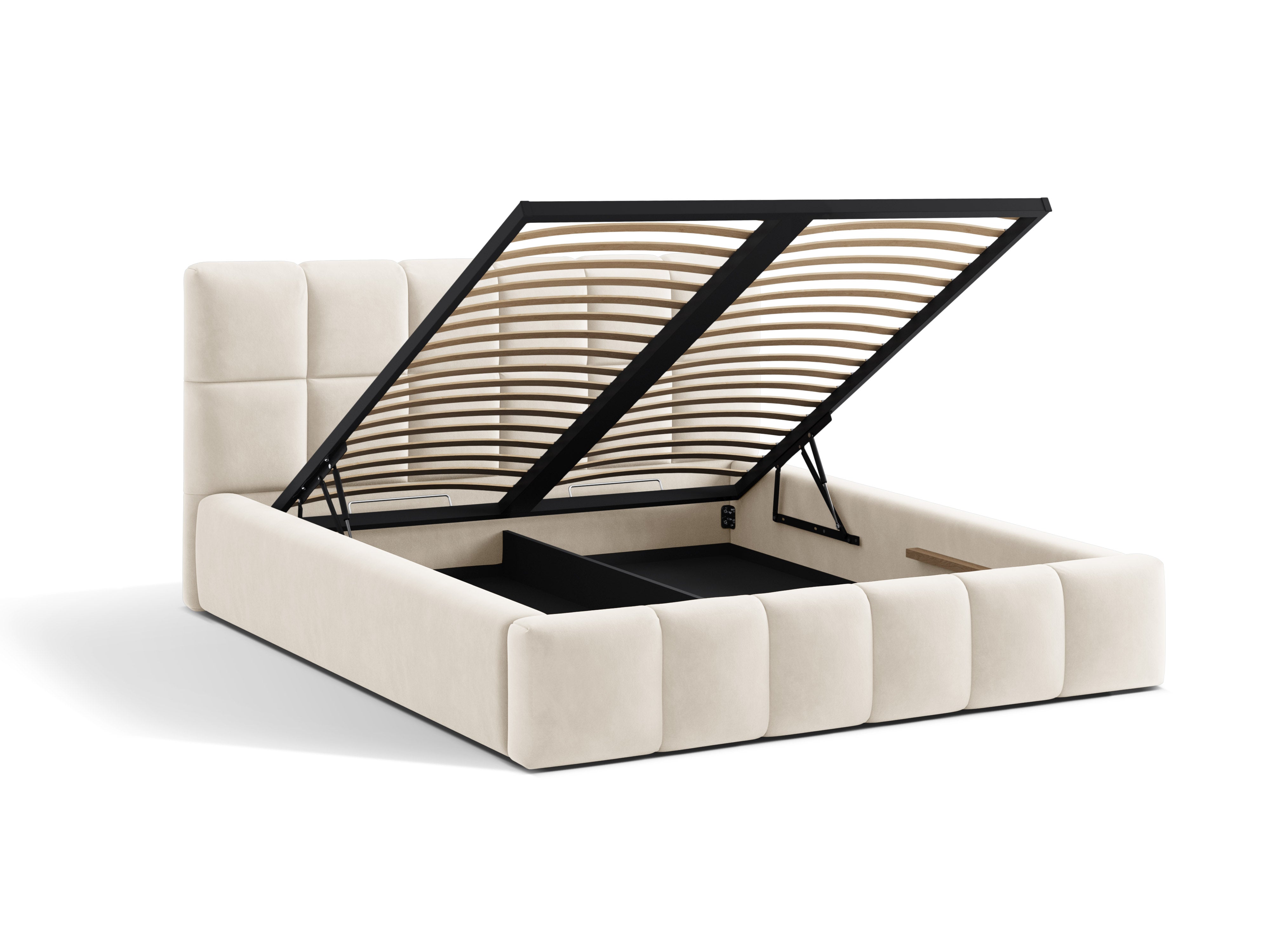 Velvet bed with storage for bedding BELLIS in light beige