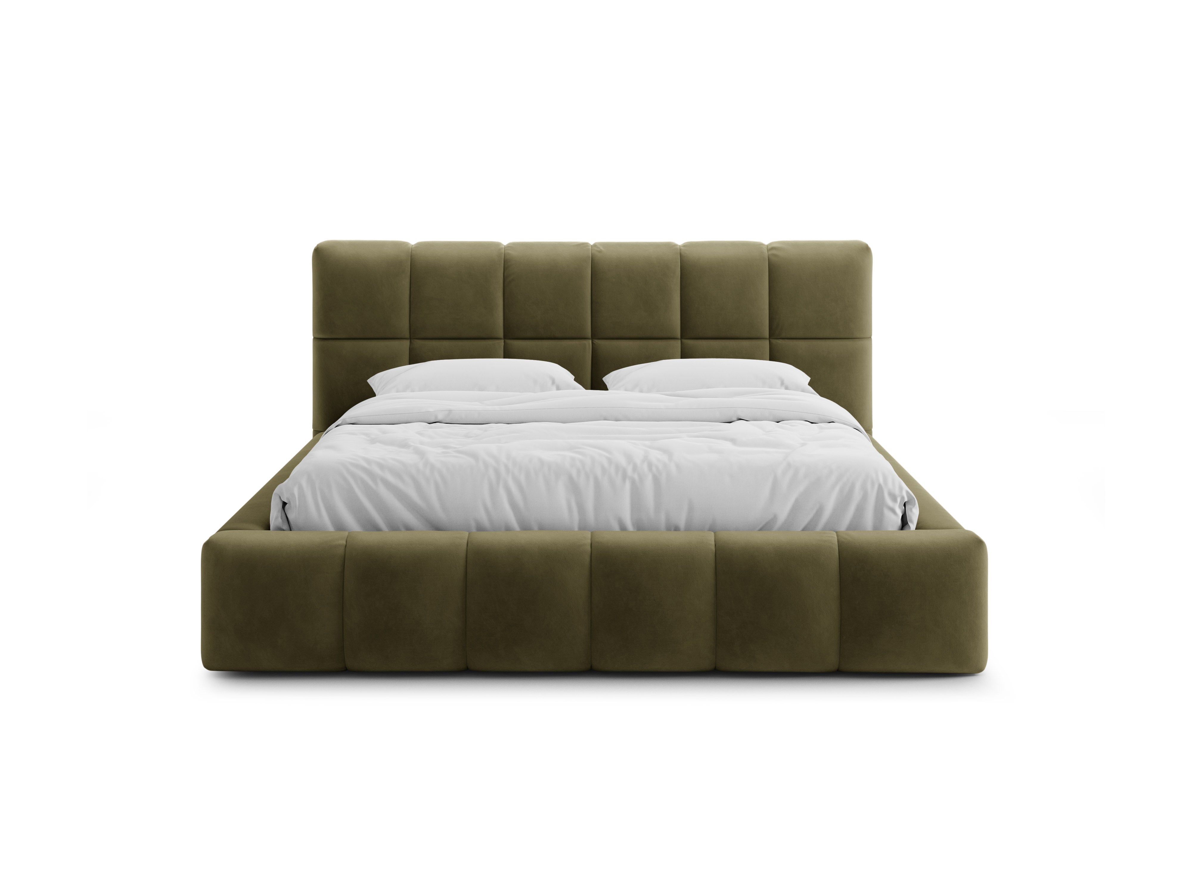 Velvet bed with storage for bedding BELLIS in olive green