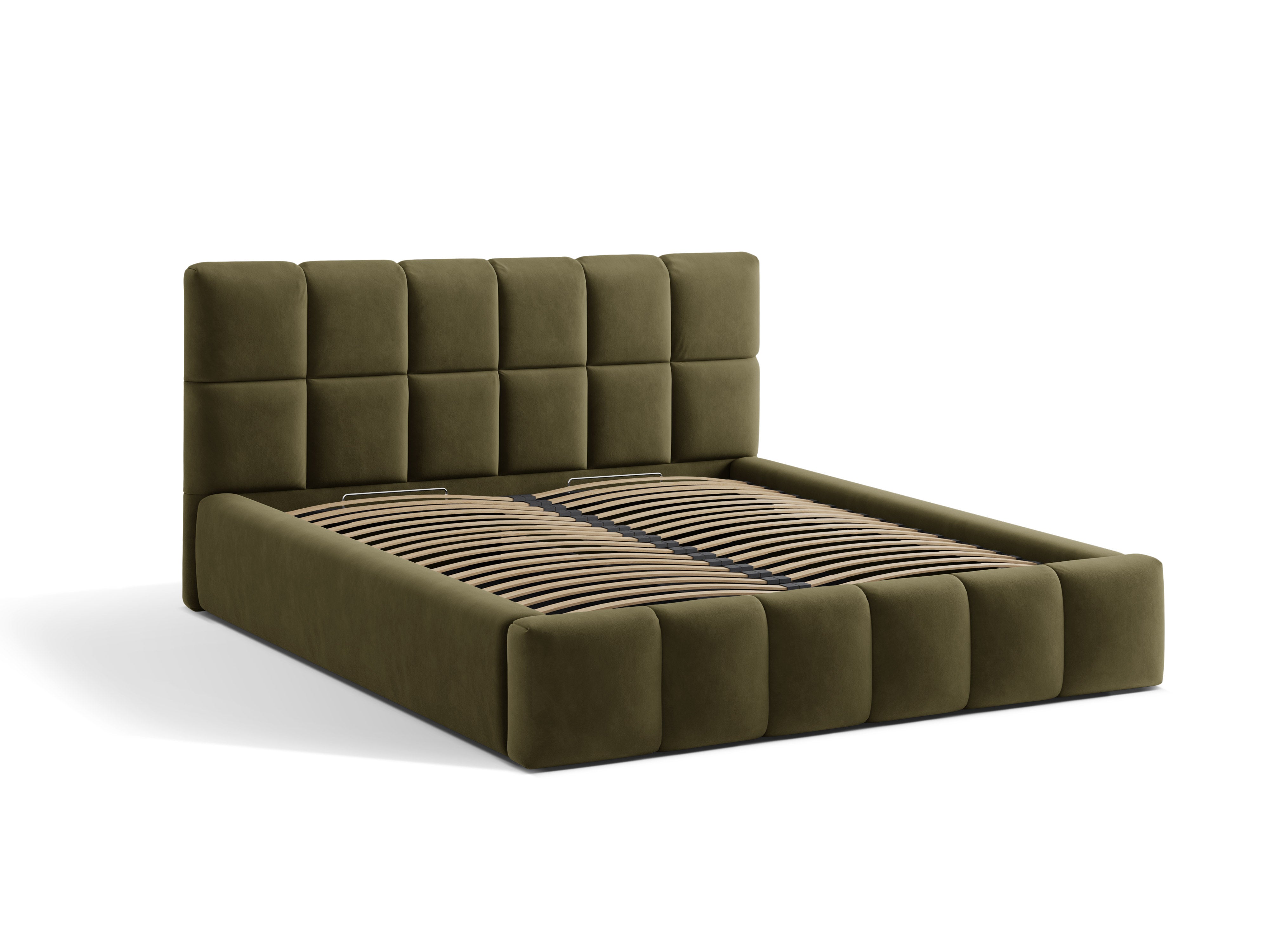 Velvet bed with storage for bedding BELLIS in olive green