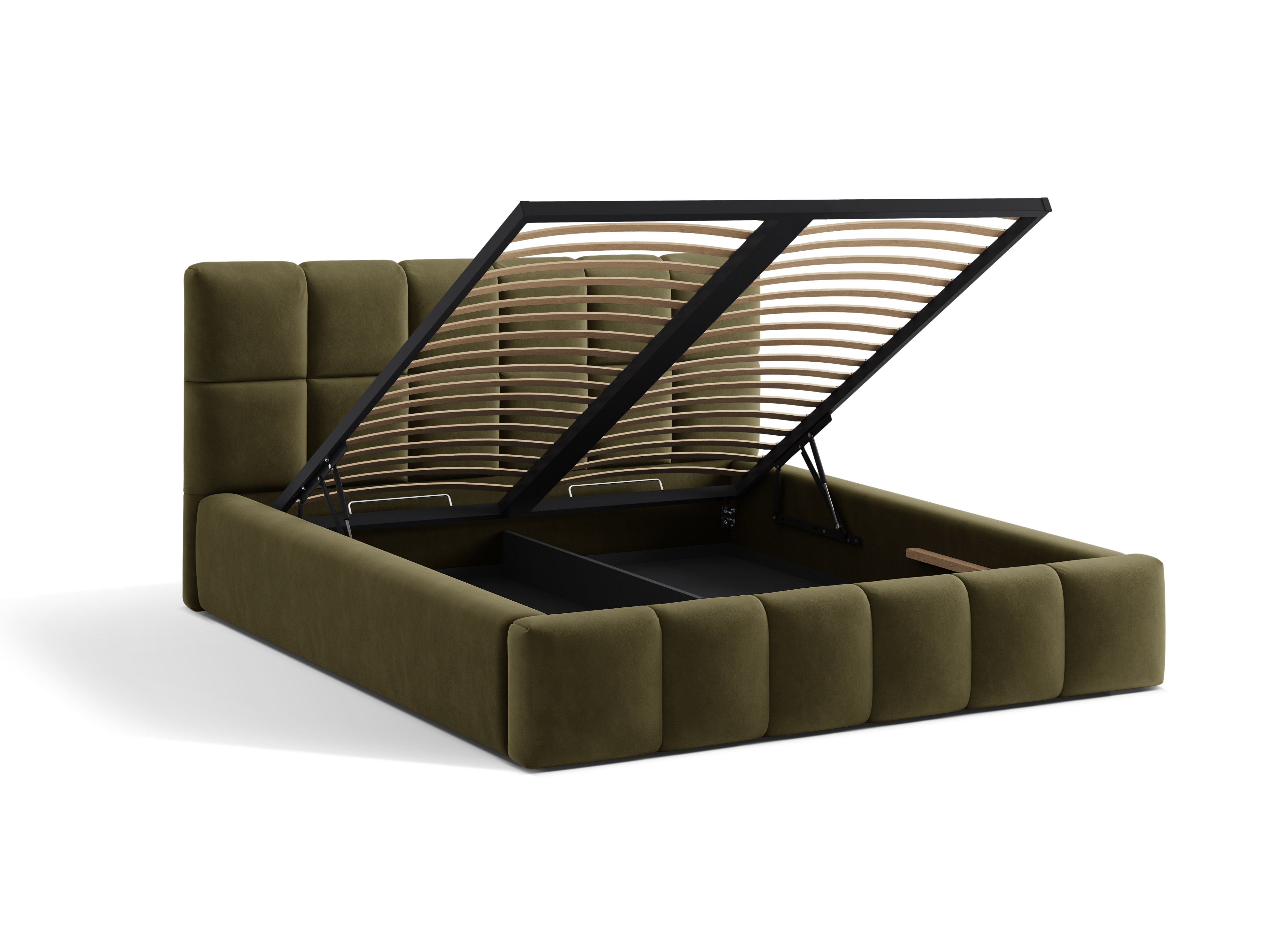 Velvet bed with storage for bedding BELLIS in olive green