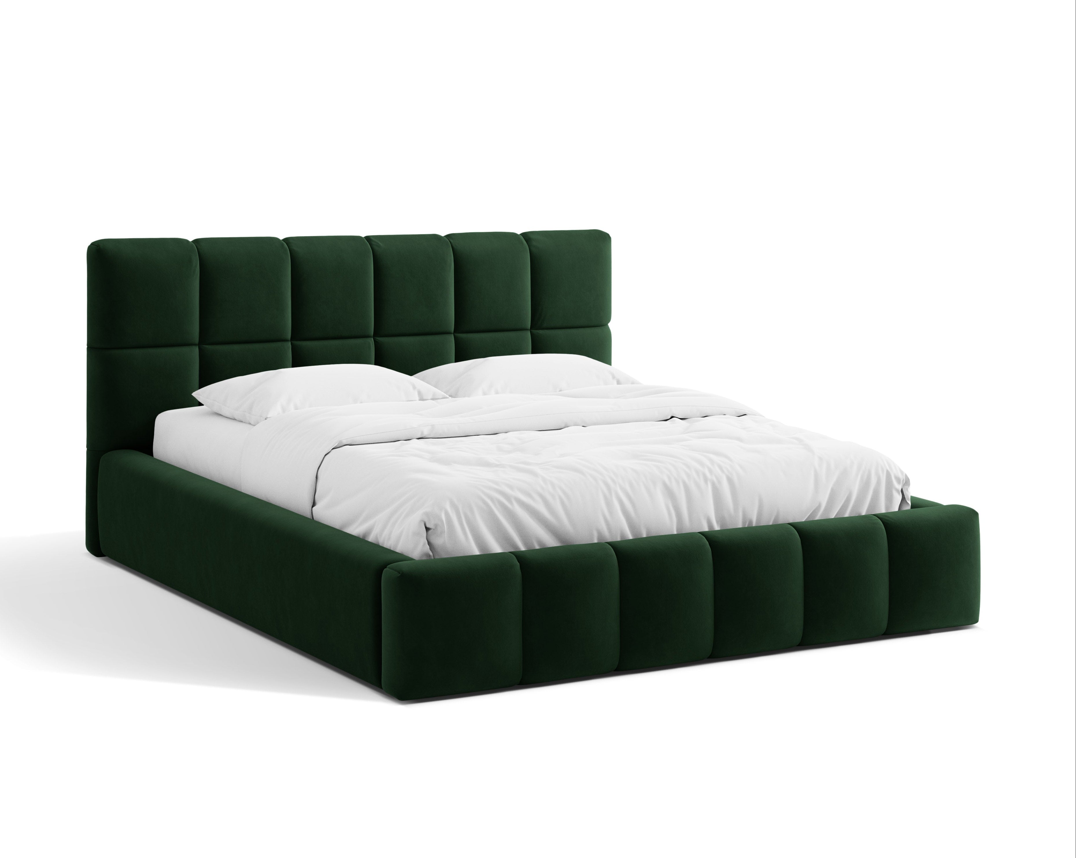 Velvet bed with storage for bedding BELLIS in bottle green.