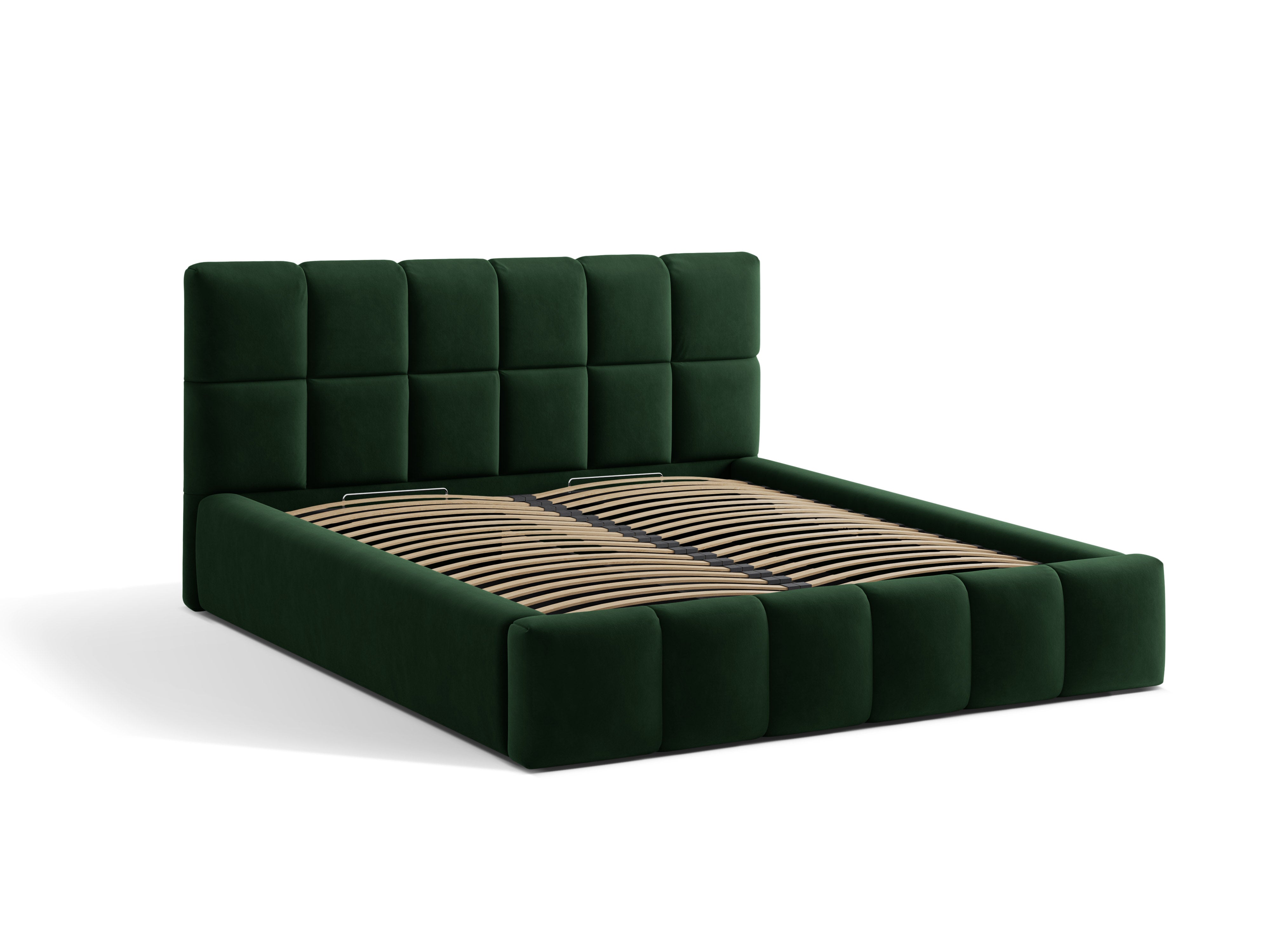 Velvet bed with storage for bedding BELLIS in bottle green.