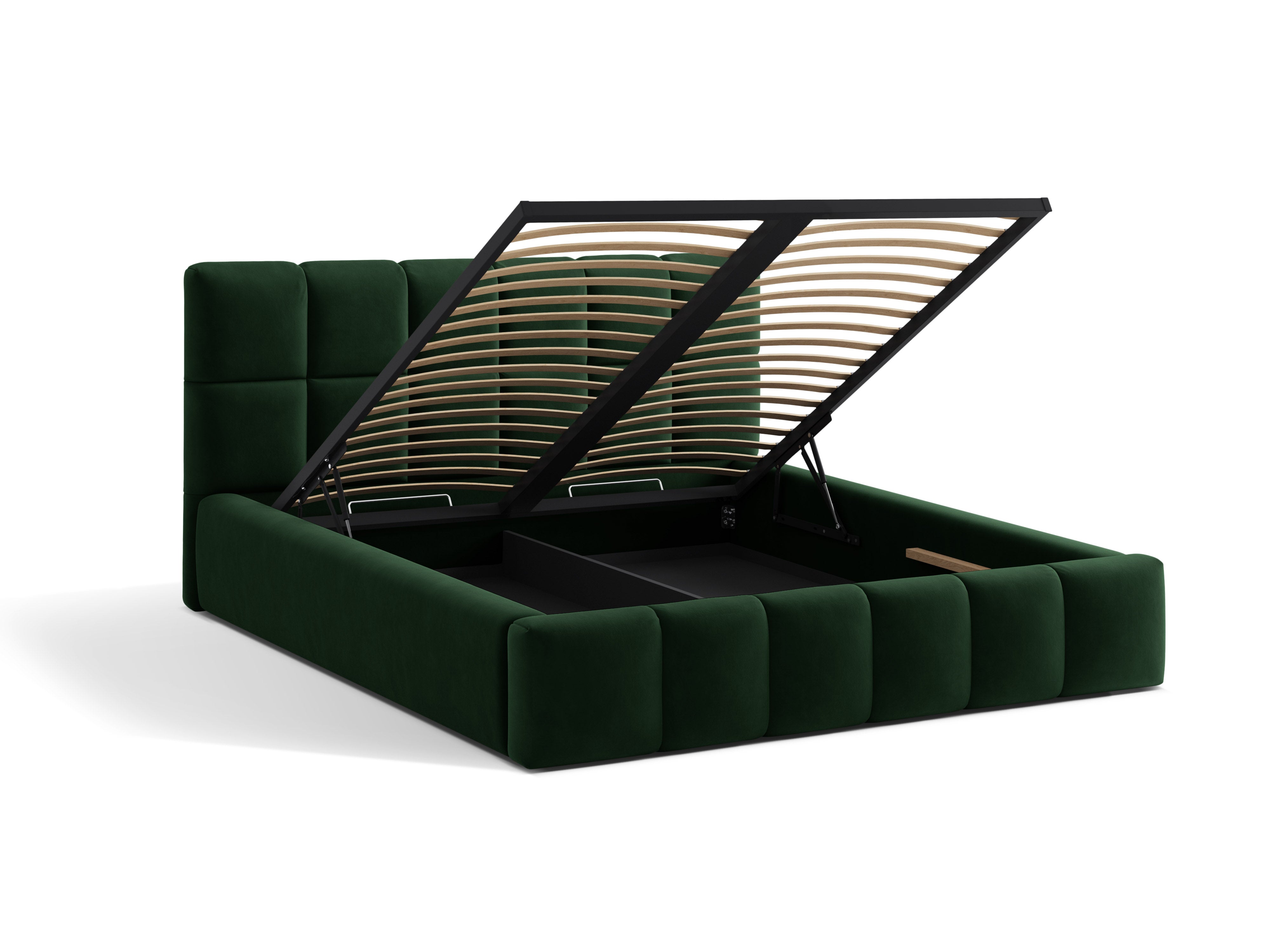 Velvet bed with storage for bedding BELLIS in bottle green.