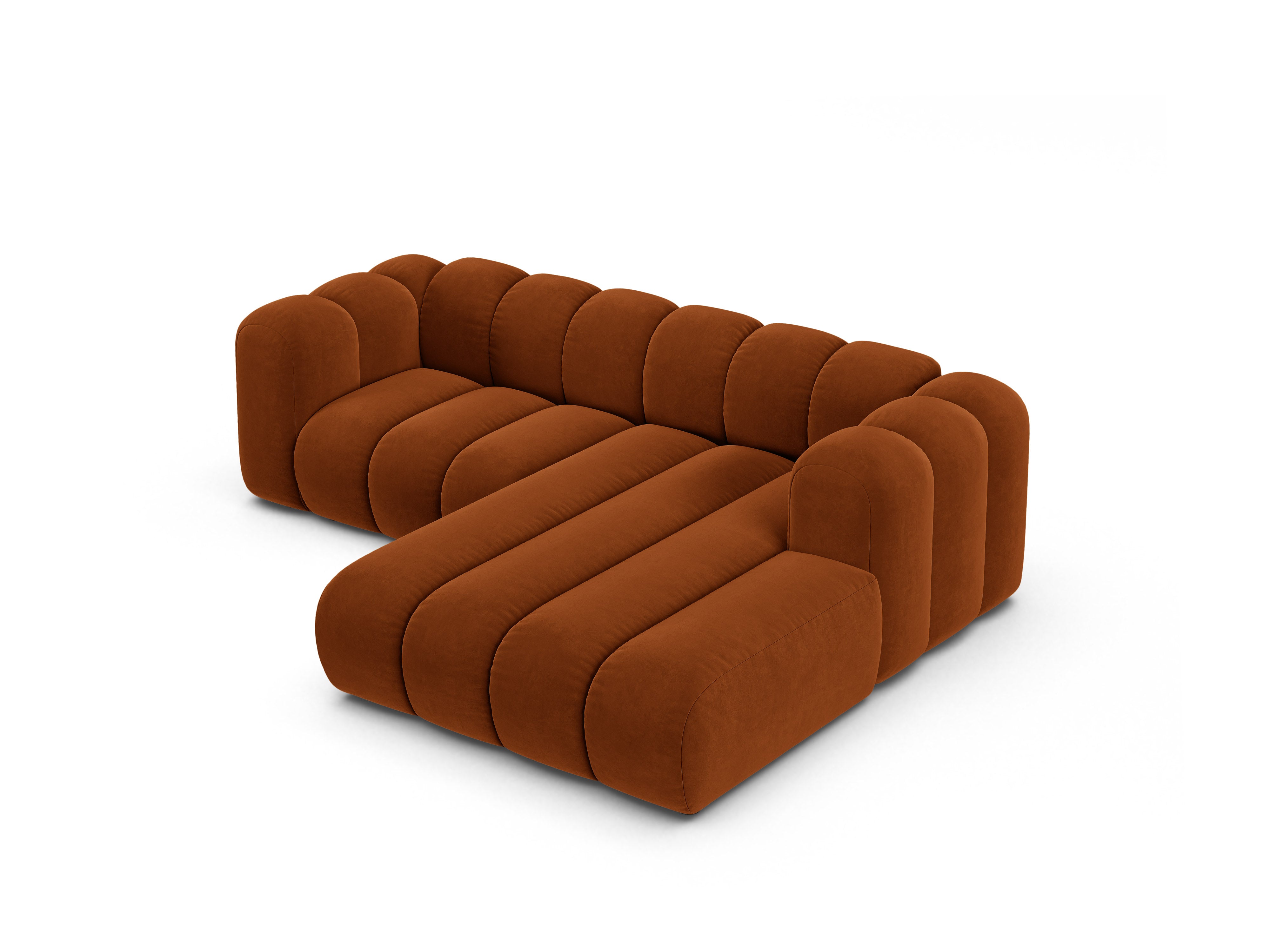 Velvet corner sofa for three people, right-facing LUPINE in brick red