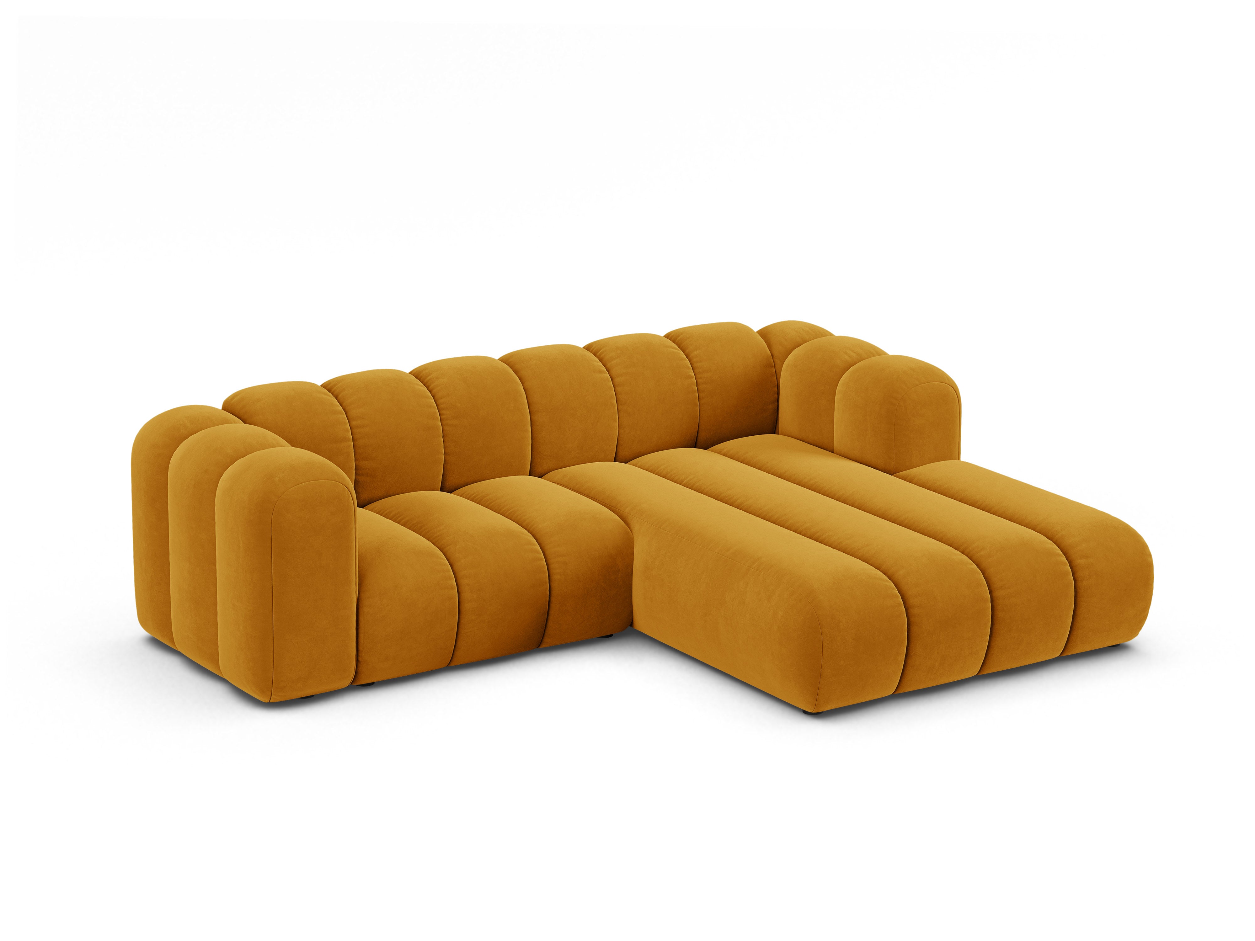 Velvet corner sofa for three people, right-facing LUPINE in mustard