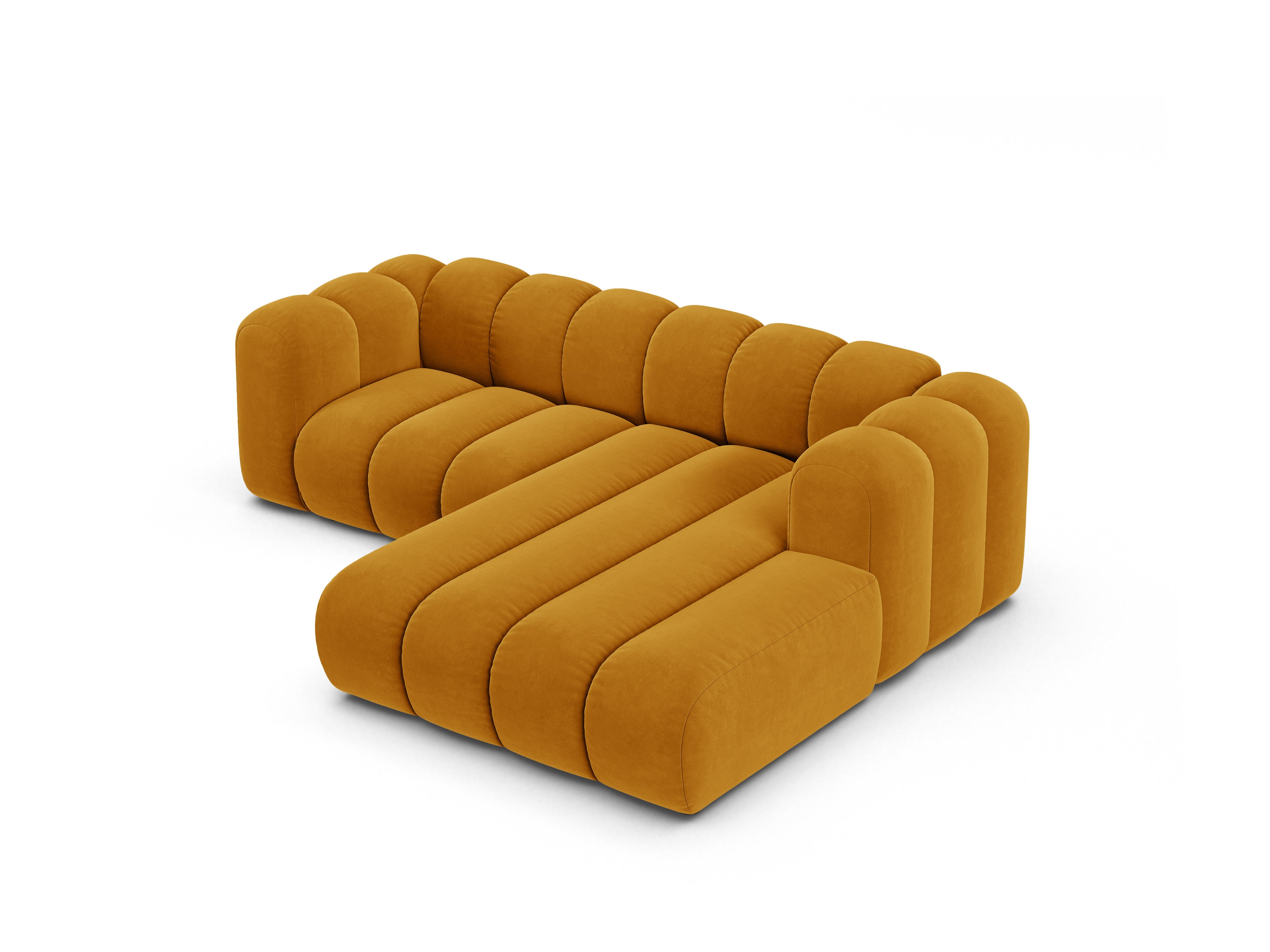 Velvet corner sofa for three people, right-facing LUPINE in mustard