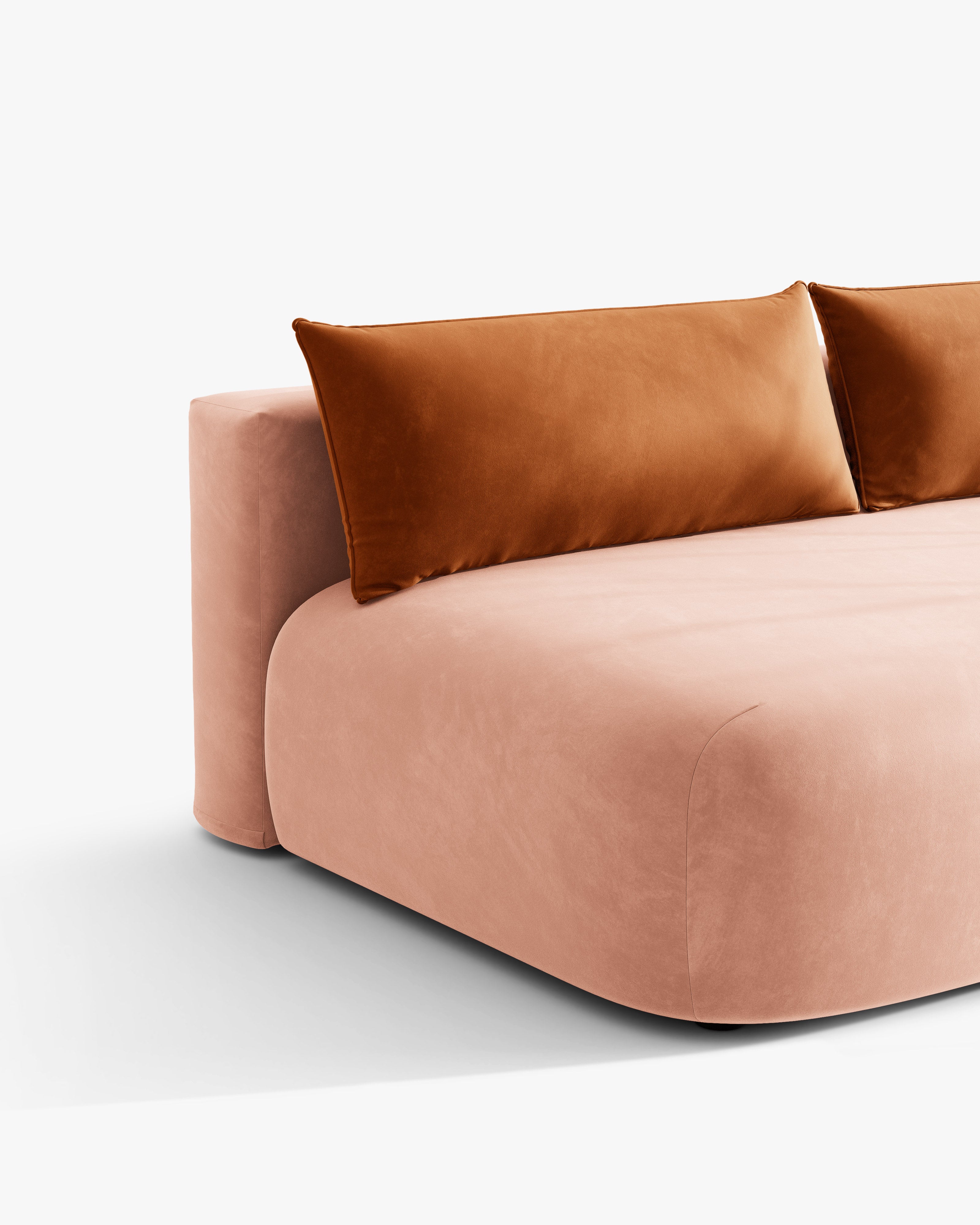 HENA Pink Velvet 3-Seater Sofa with Sleeping Function and Brick-Colored Cushions