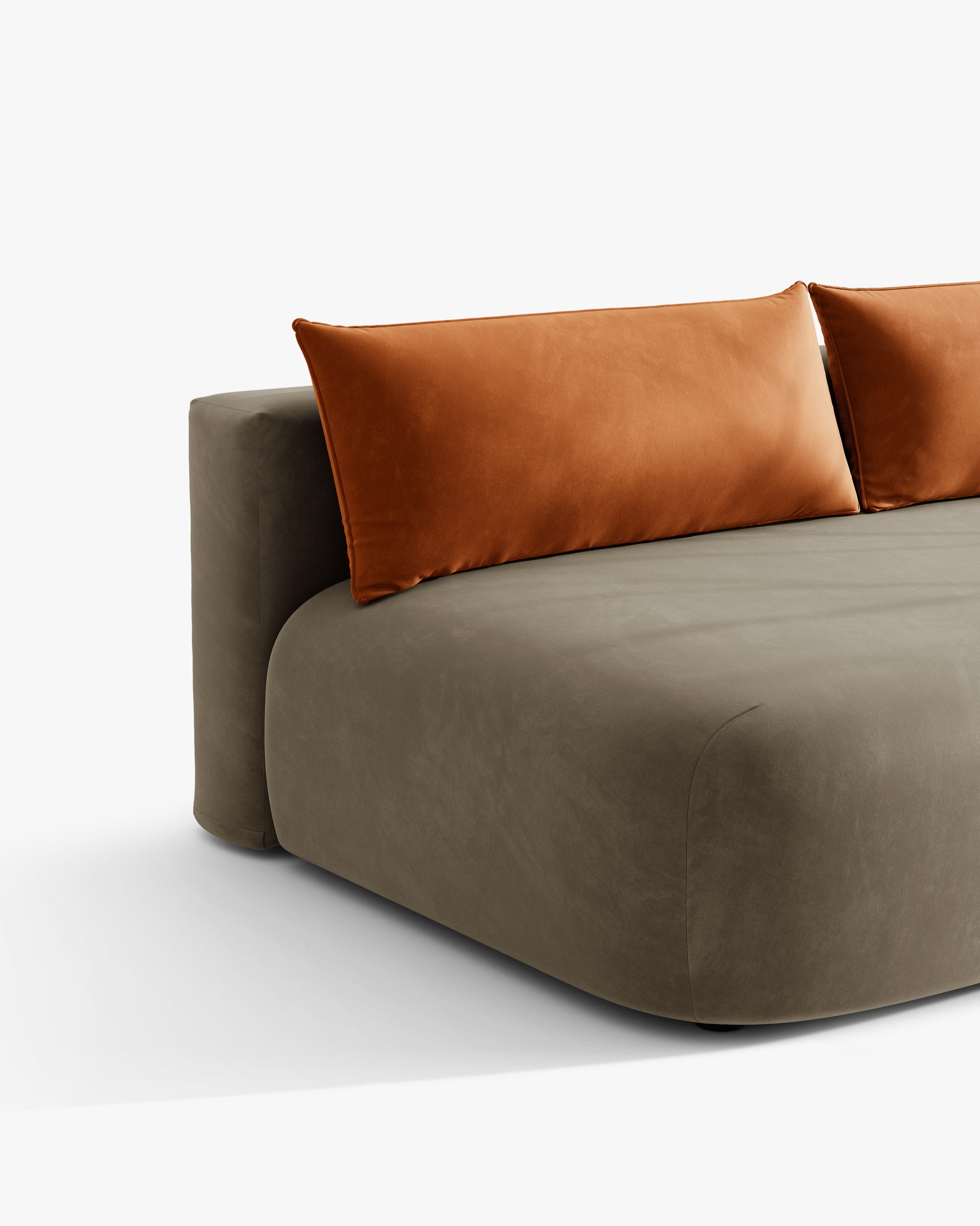HENA 3-Seater Velvet Sofa with Sleeping Function in Gray-Brown with Brick-Colored Cushions