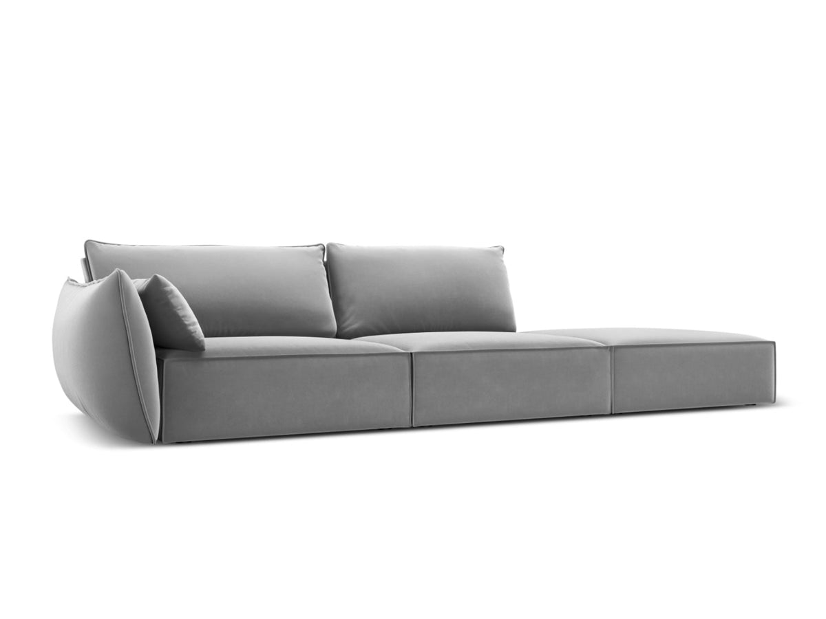 Sofa aksamitna z otomaną prawostronną 4-osobowa KAELLE szary – ujęcie boczne