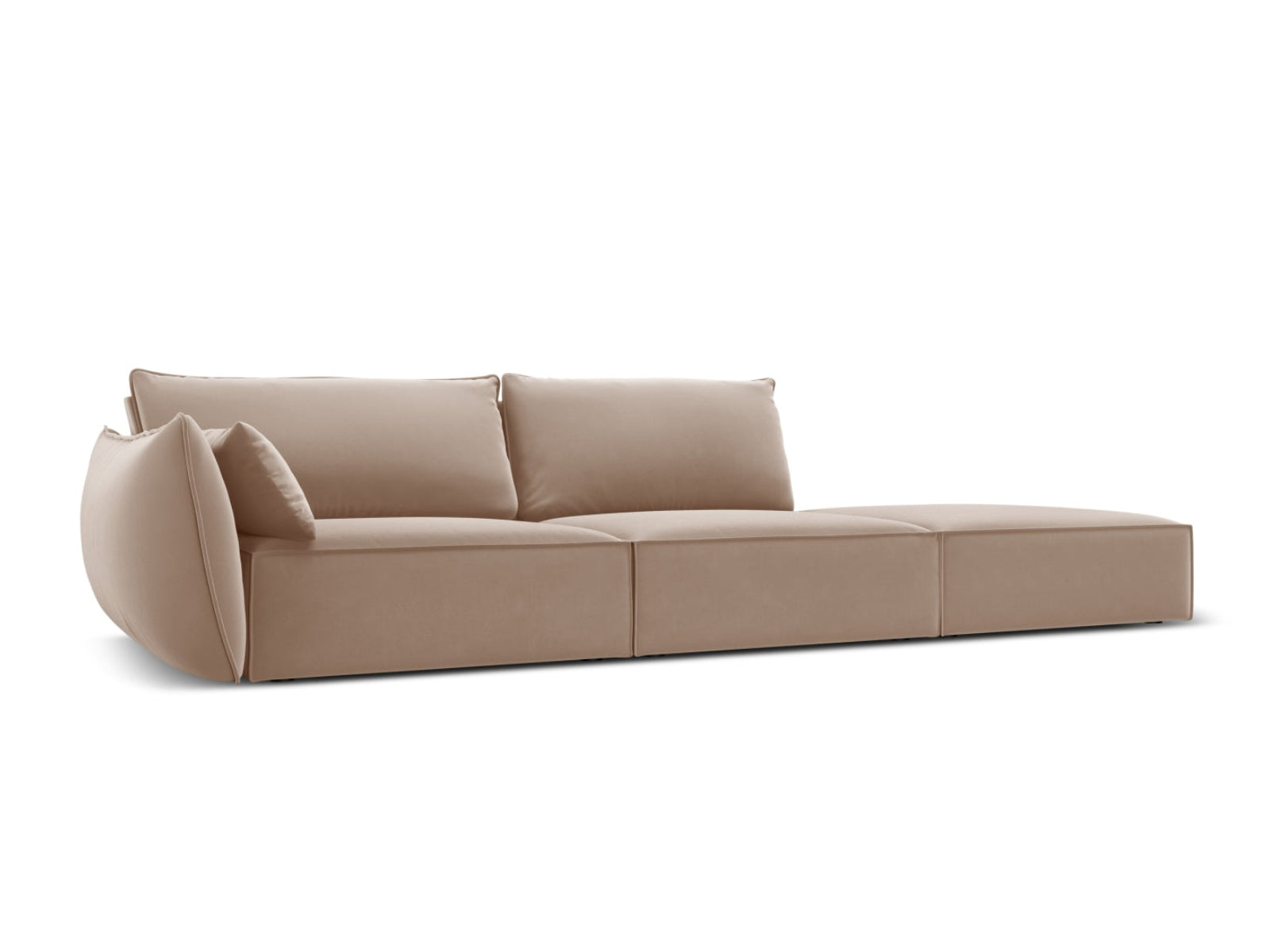 Sofa aksamitna z otomaną prawostronną 4-osobowa KAELLE beżowy – ujęcie boczne