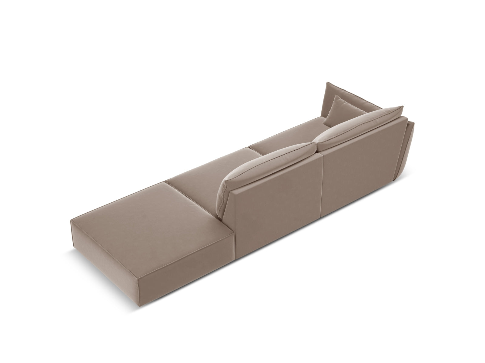 Sofa aksamitna z otomaną prawostronną 4-osobowa KAELLE cappuccino – ujęcie tylne