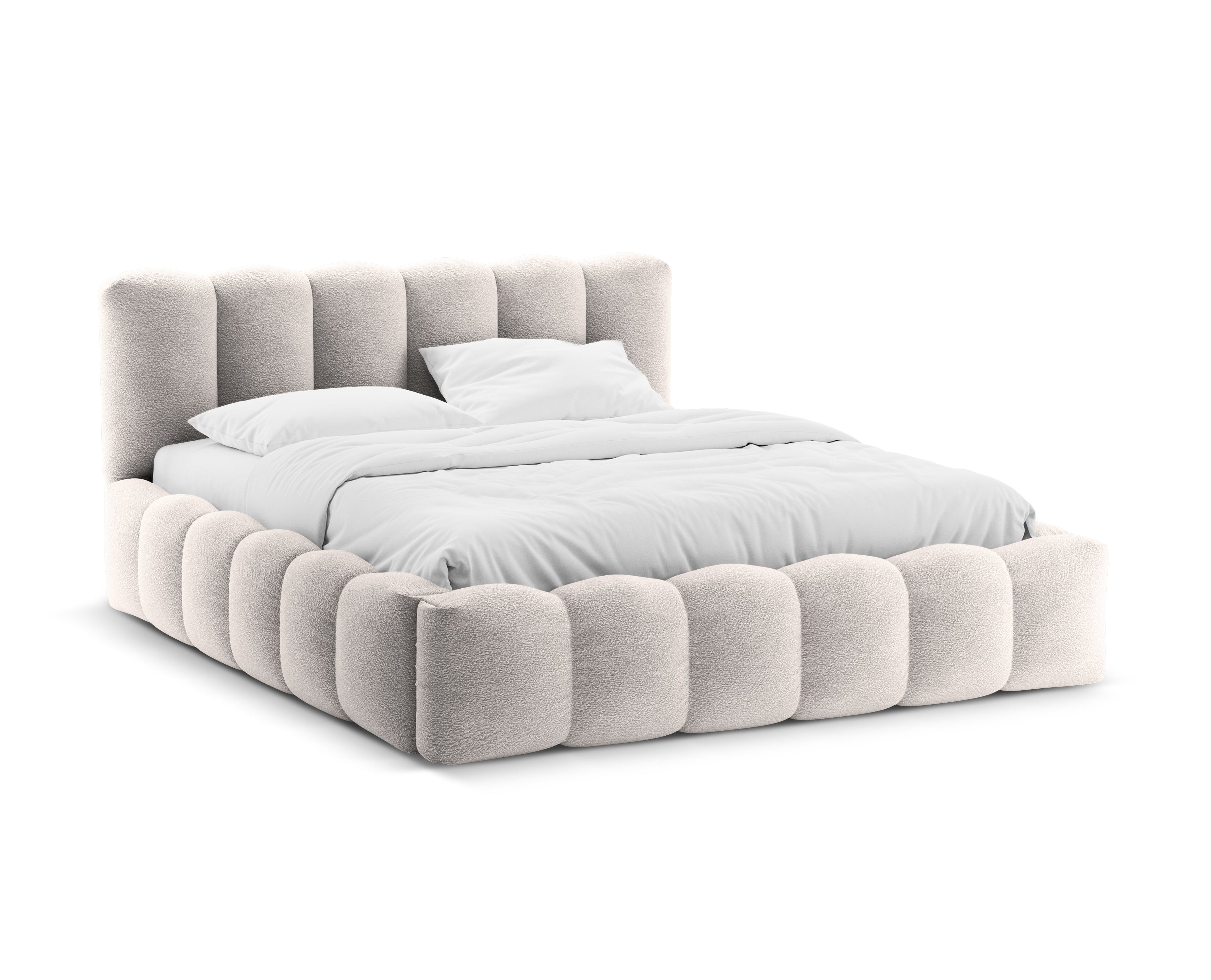 LUPINE Bed with Storage for Bedding in Light Gray Boucle