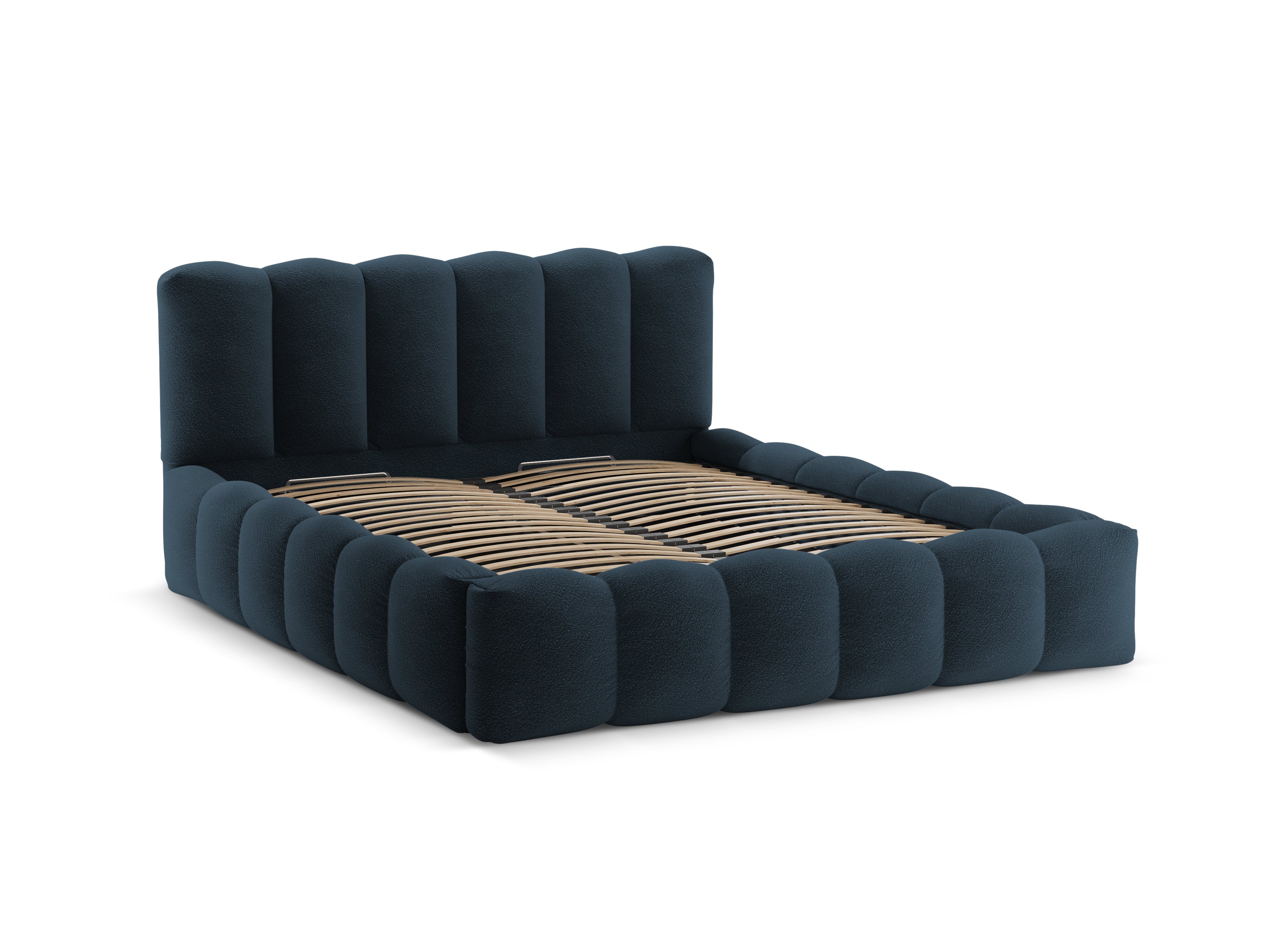 LUPINE Bed with Storage for Bedding in Dark Blue Boucle