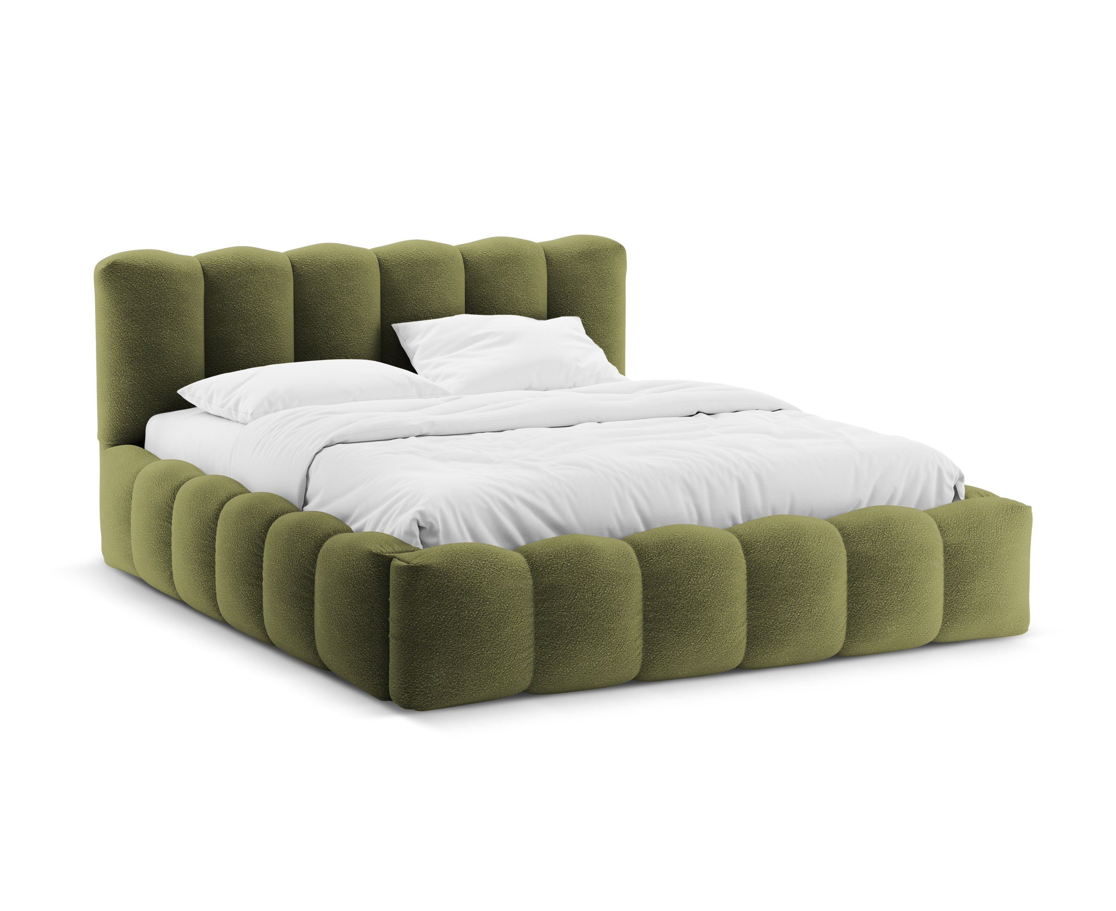 LUPINE Bed with Storage for Bedding in Olive Boucle
