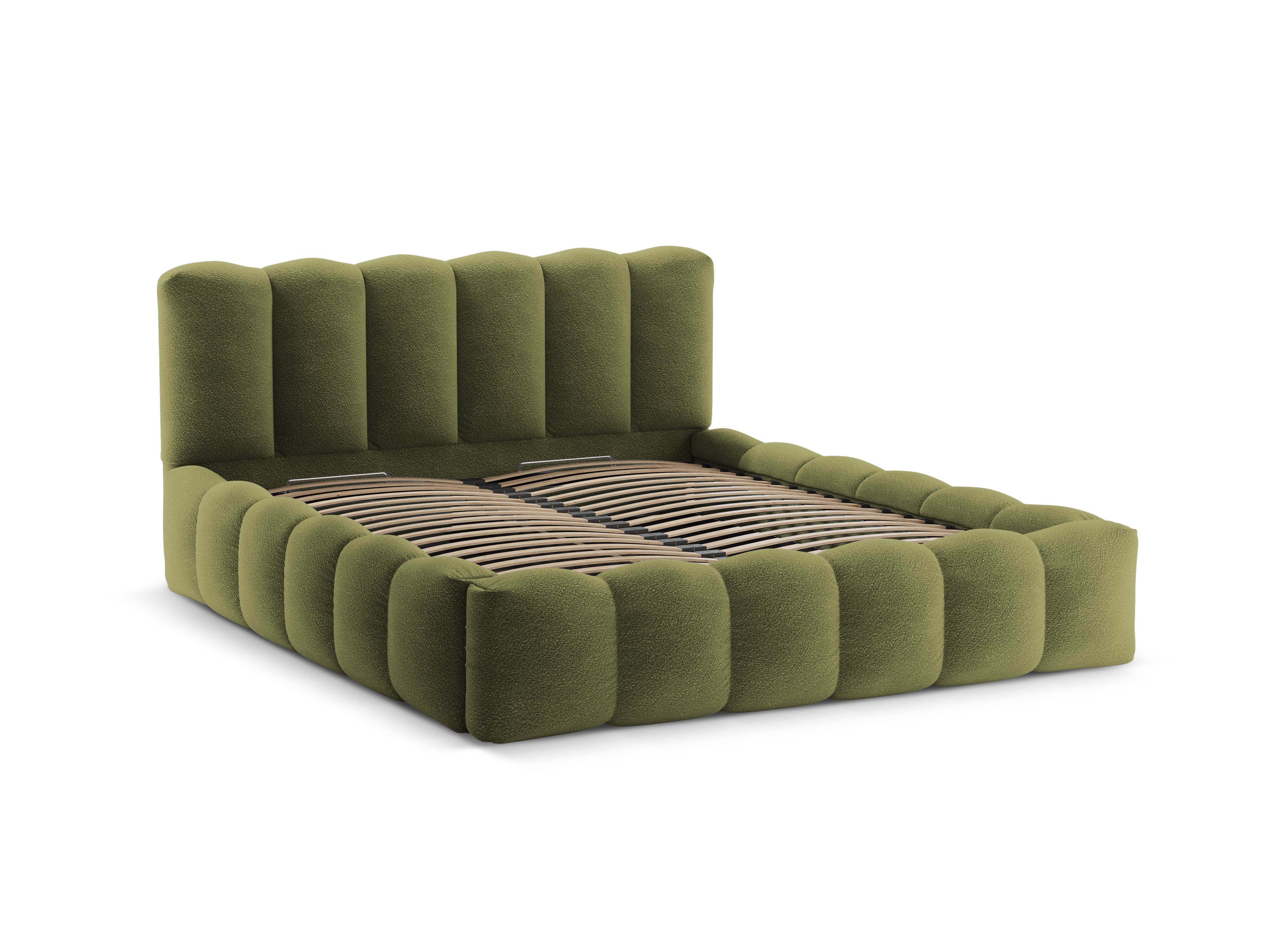 LUPINE Bed with Storage for Bedding in Olive Boucle
