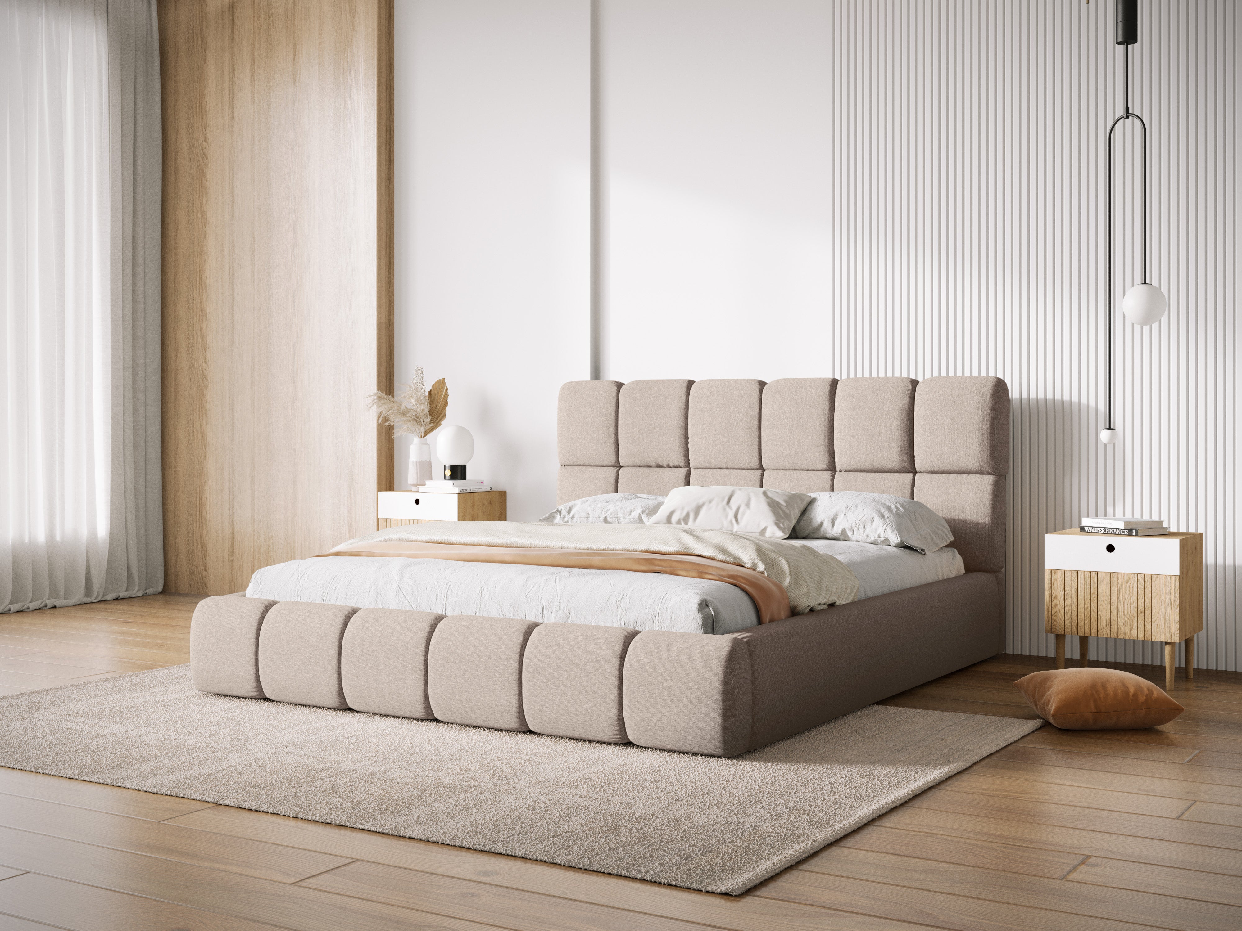 BELLIS Bed with Storage for Bedding in Beige Silky Chenille