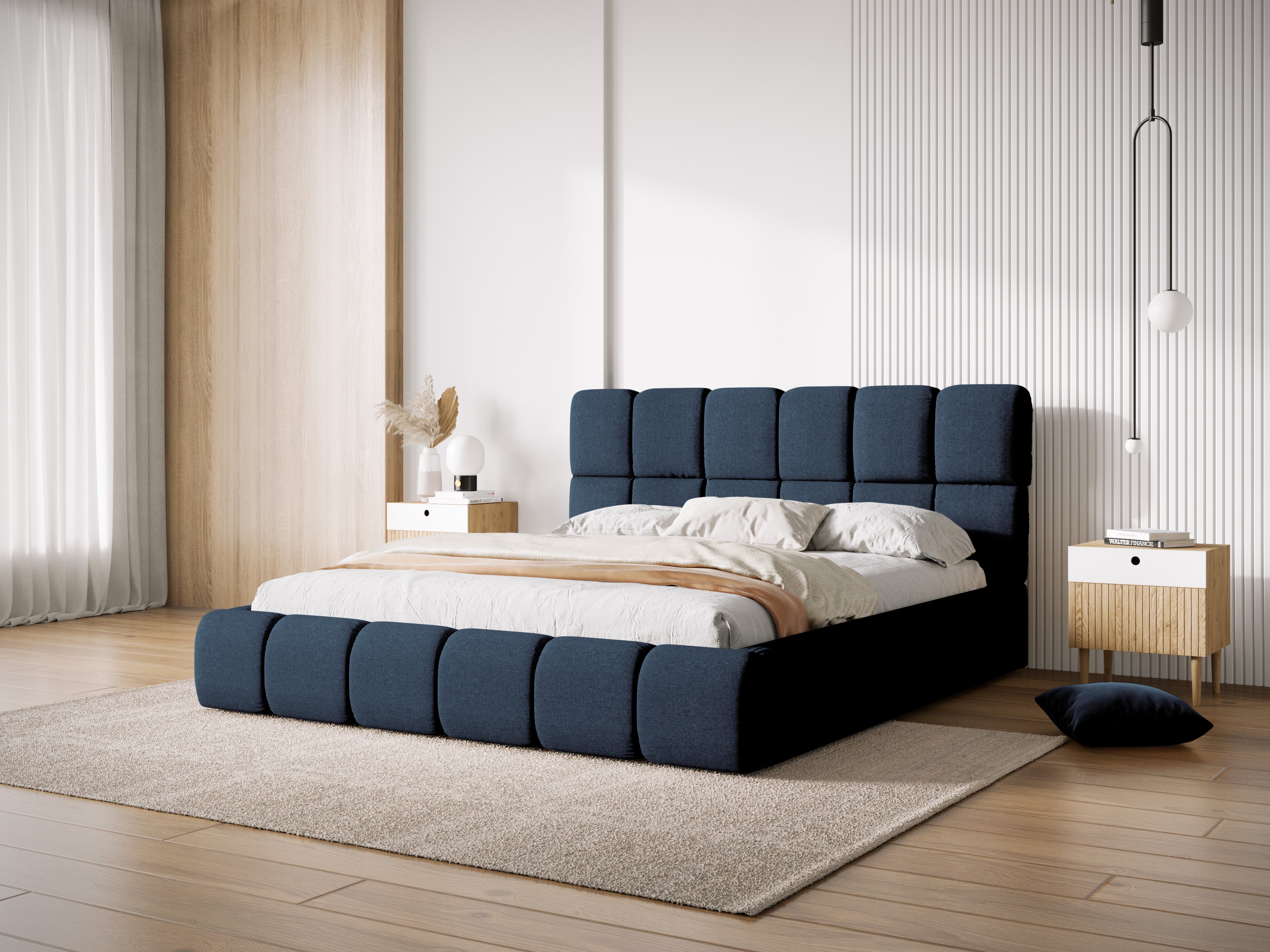BELLIS Bed with Storage for Bedding in Blue Chenille