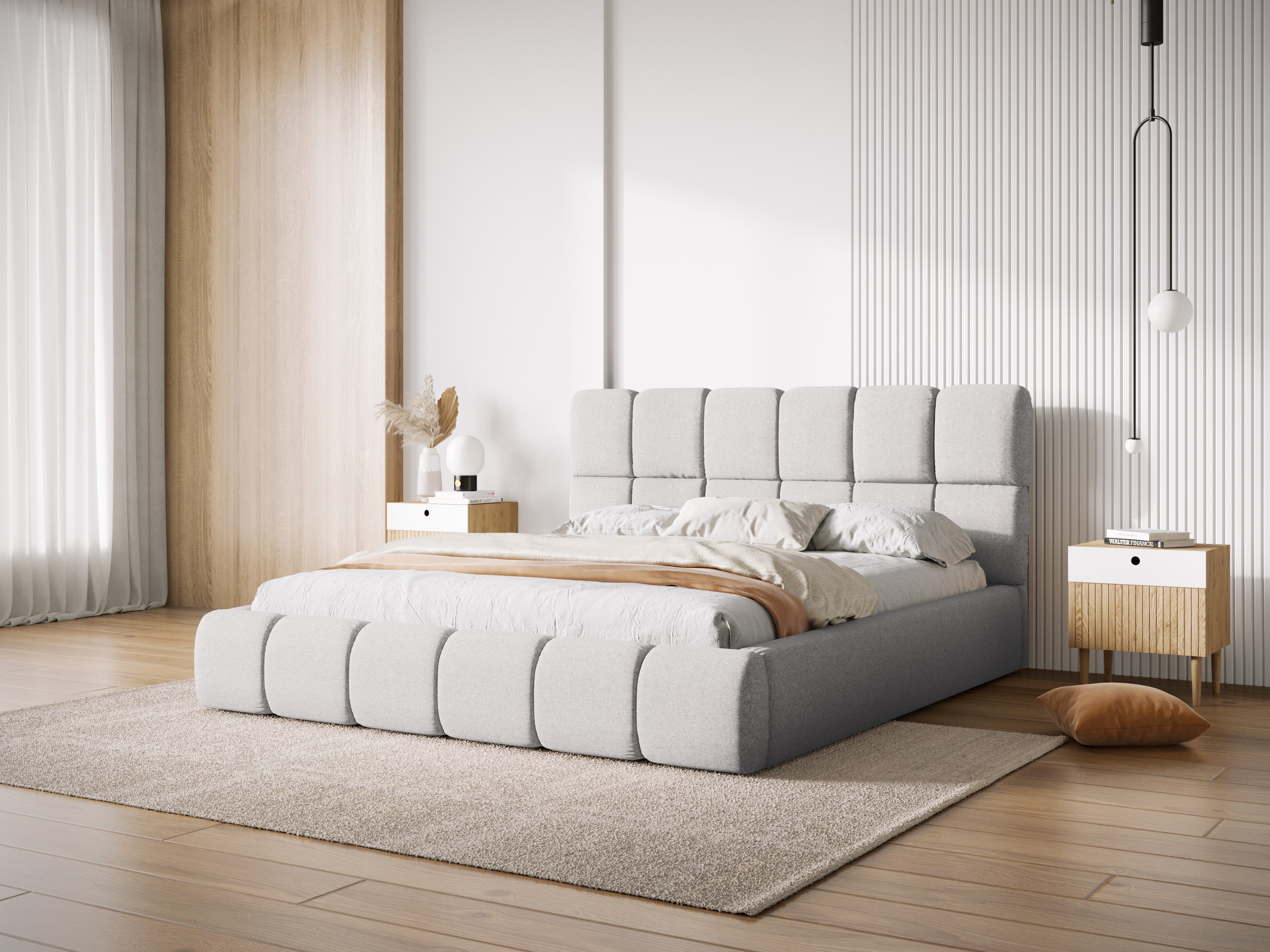 BELLIS Bed with Storage for Bedding in Light Gray Silky Chenille