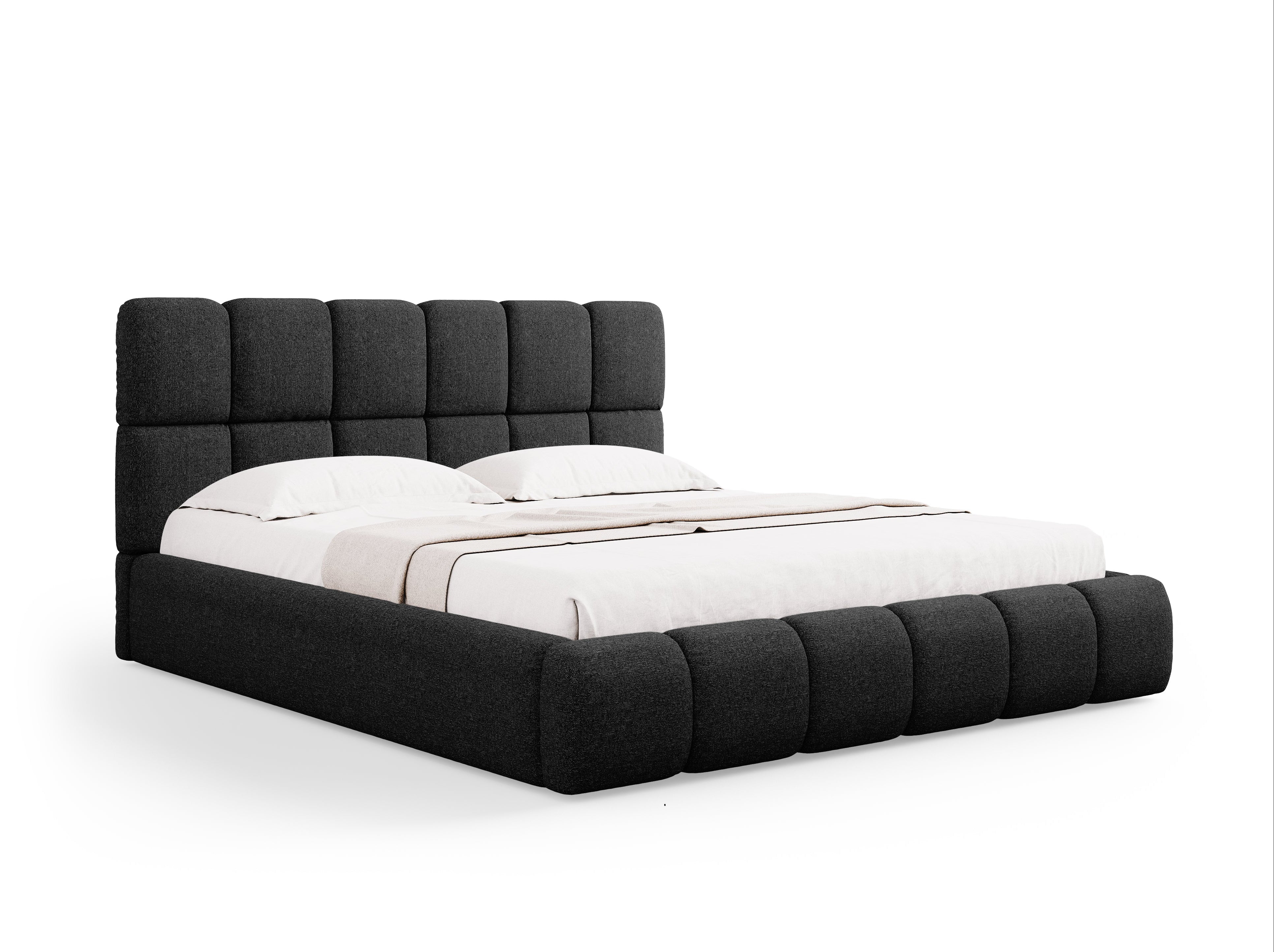 BELLIS Bed with Storage for Bedding in Black Silky Chenille